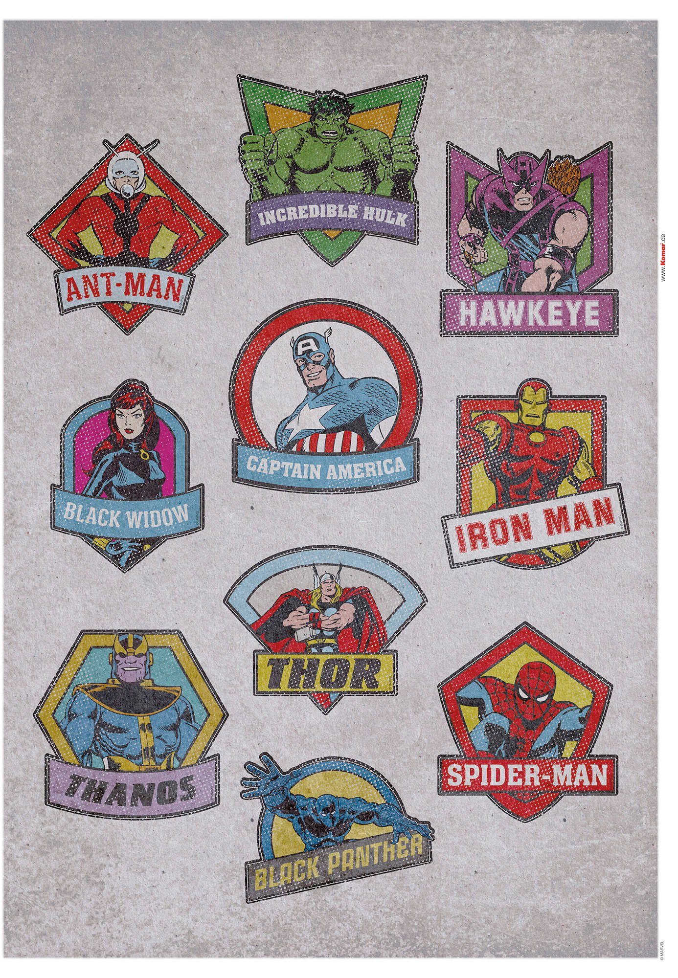 Komar Wandtattoo Avengers Badges (10 St), 50x70 cm (Breite x Höhe), selbstklebendes Wandtattoo