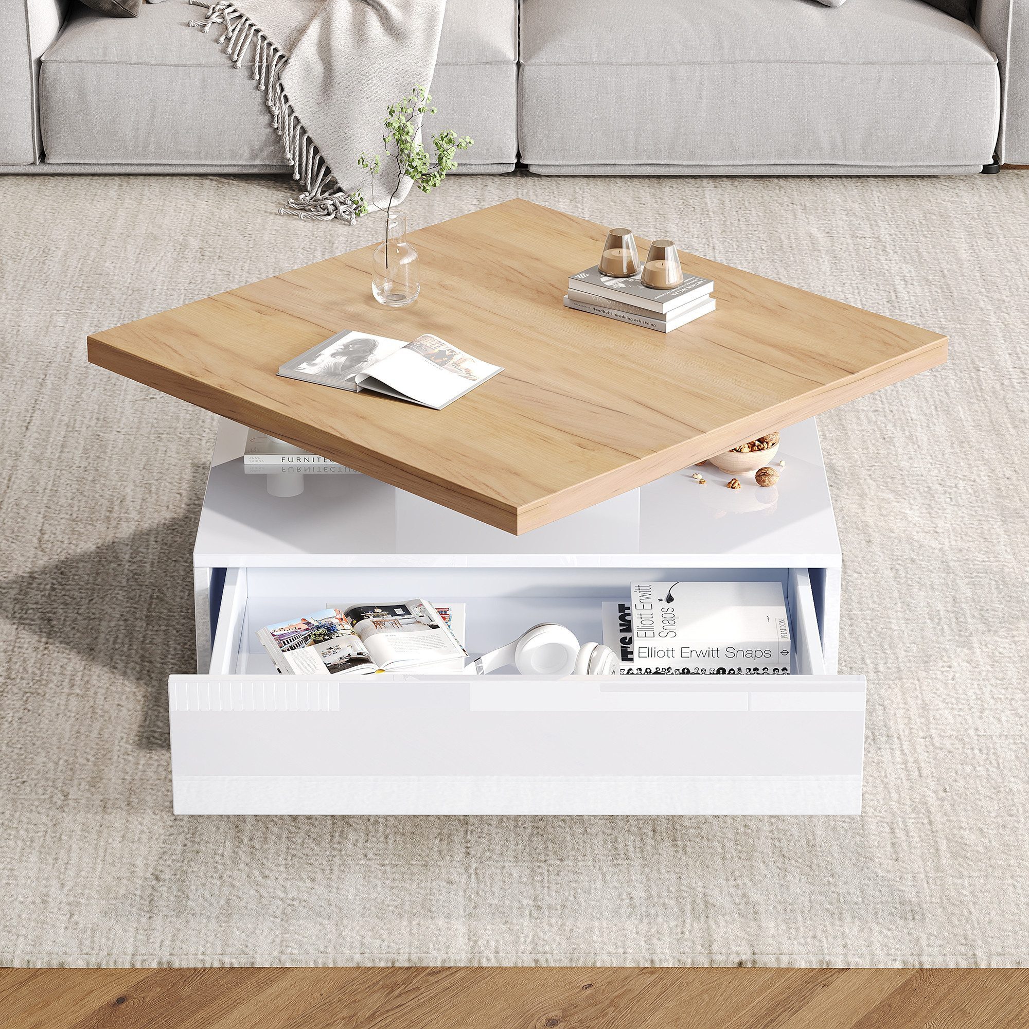 Couchtisch Hochglanz 2-stufiger quadratische 360° schwenkbare Couchtisch weiß