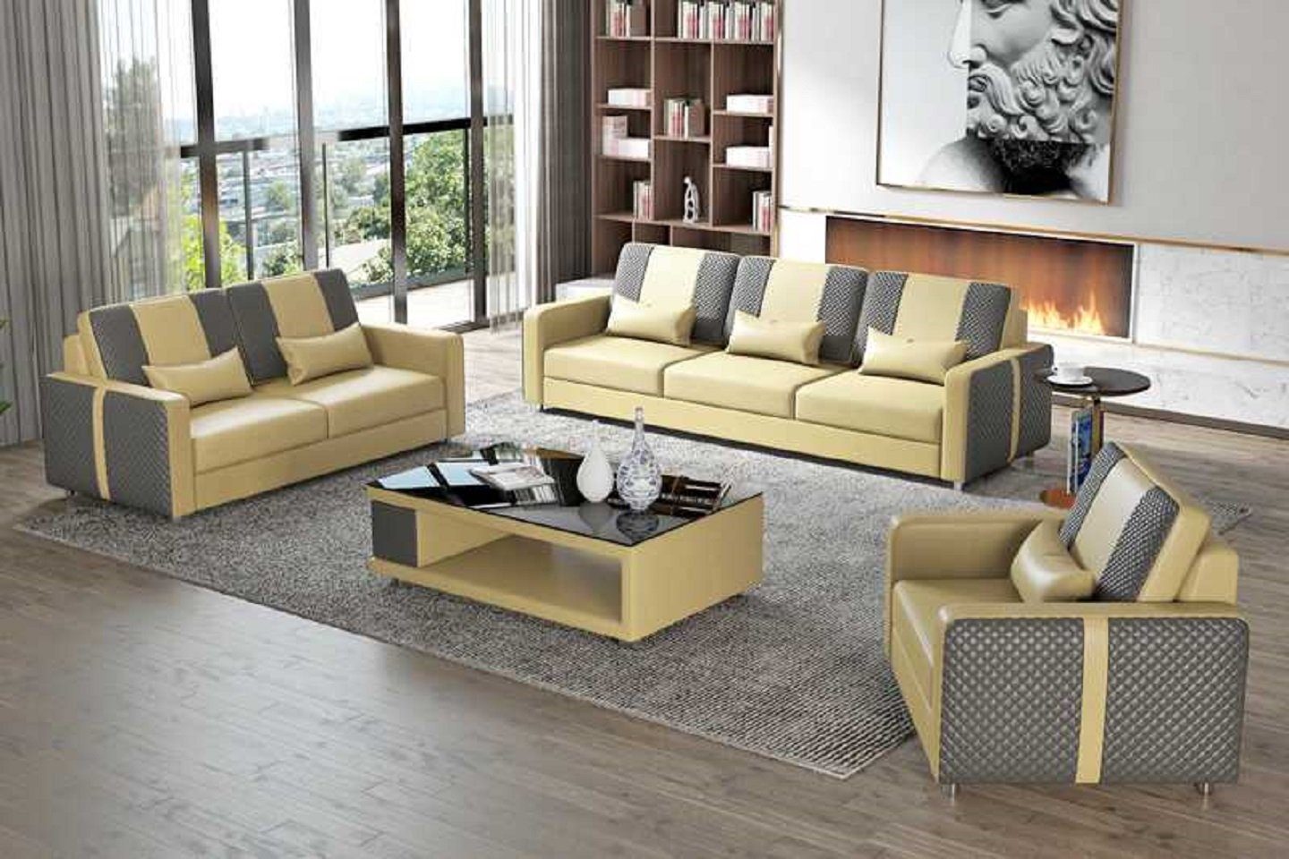 Luxus Wohnzimmer-Set Couchgarnitur Made Sofa Sofagarnitur in Sessel), (3-St., Kunstleder Europe Sitzer 2+3 Nur + Sofa Beige Komplette JVmoebel 321,