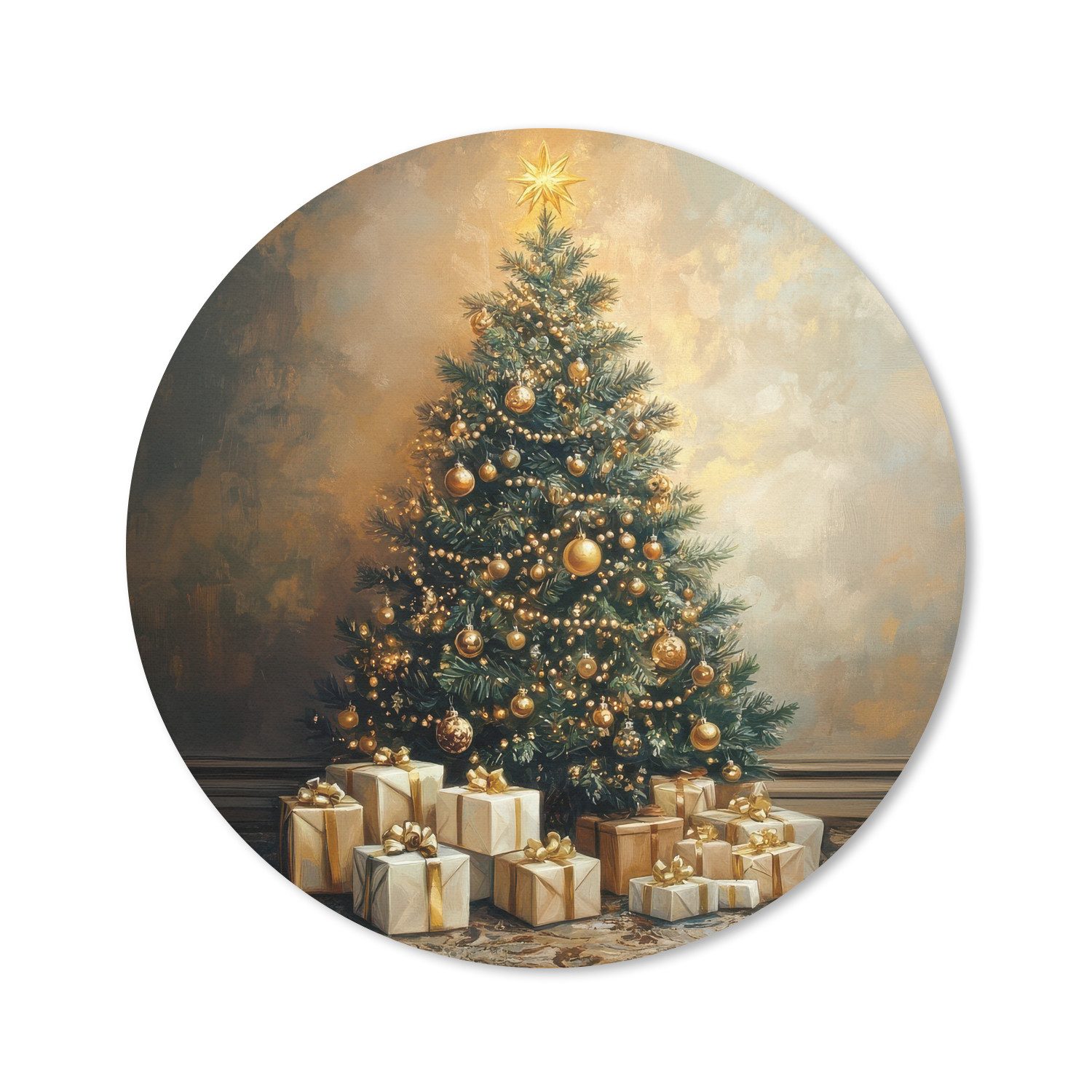 MuchoWow Mauspad Weihnachtsbaum - Geschenke - Gold (1-St), Büro für Tastatur und Maus, Mousepad Gaming, Rund 20x20 cm