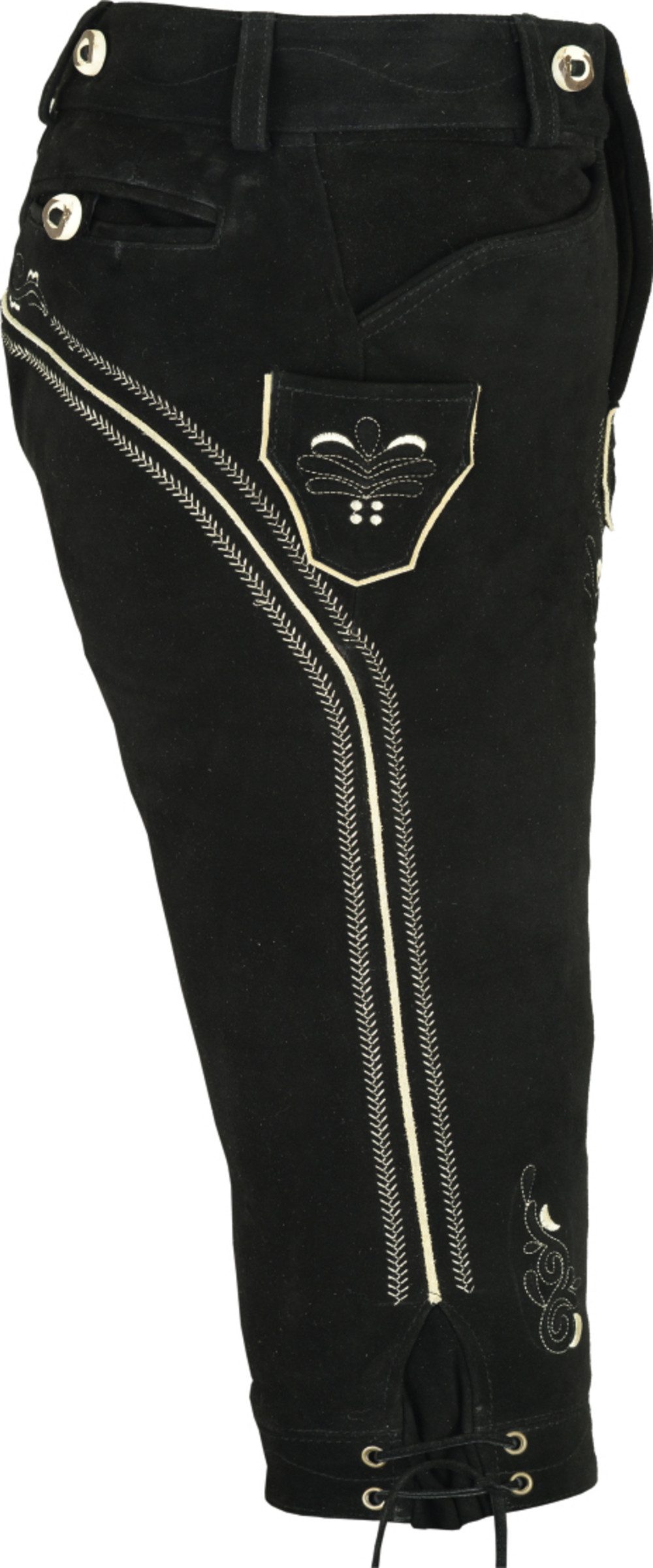 Fuente Leather Wears Trachtenlederhose für Herren, Kniebund Wildbock Leder, mit Träger und Stickerei Schwarz