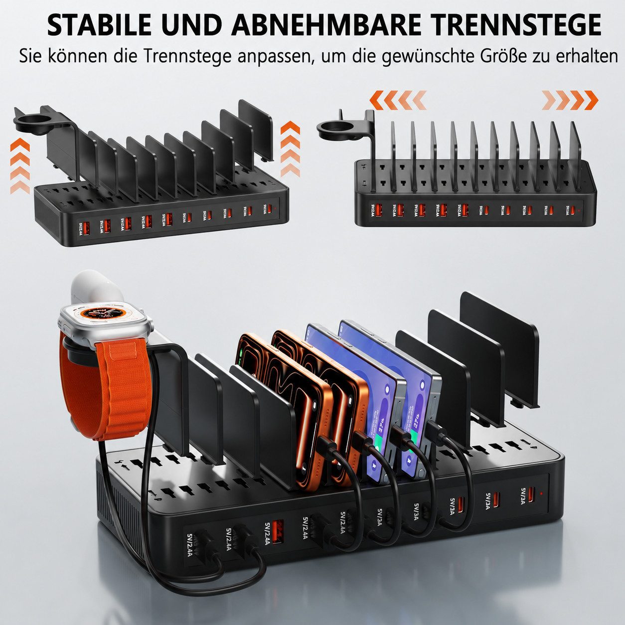 ibettertec 100W Multi-Geräte Ladestation mit 10 Anschlüssen Ladestation (USB-C & USB-A Ladehub inkl. 10 Kabeln, Verstellbare Halterung für Smartphones, Tablets, Smartwatch und Zubehör)