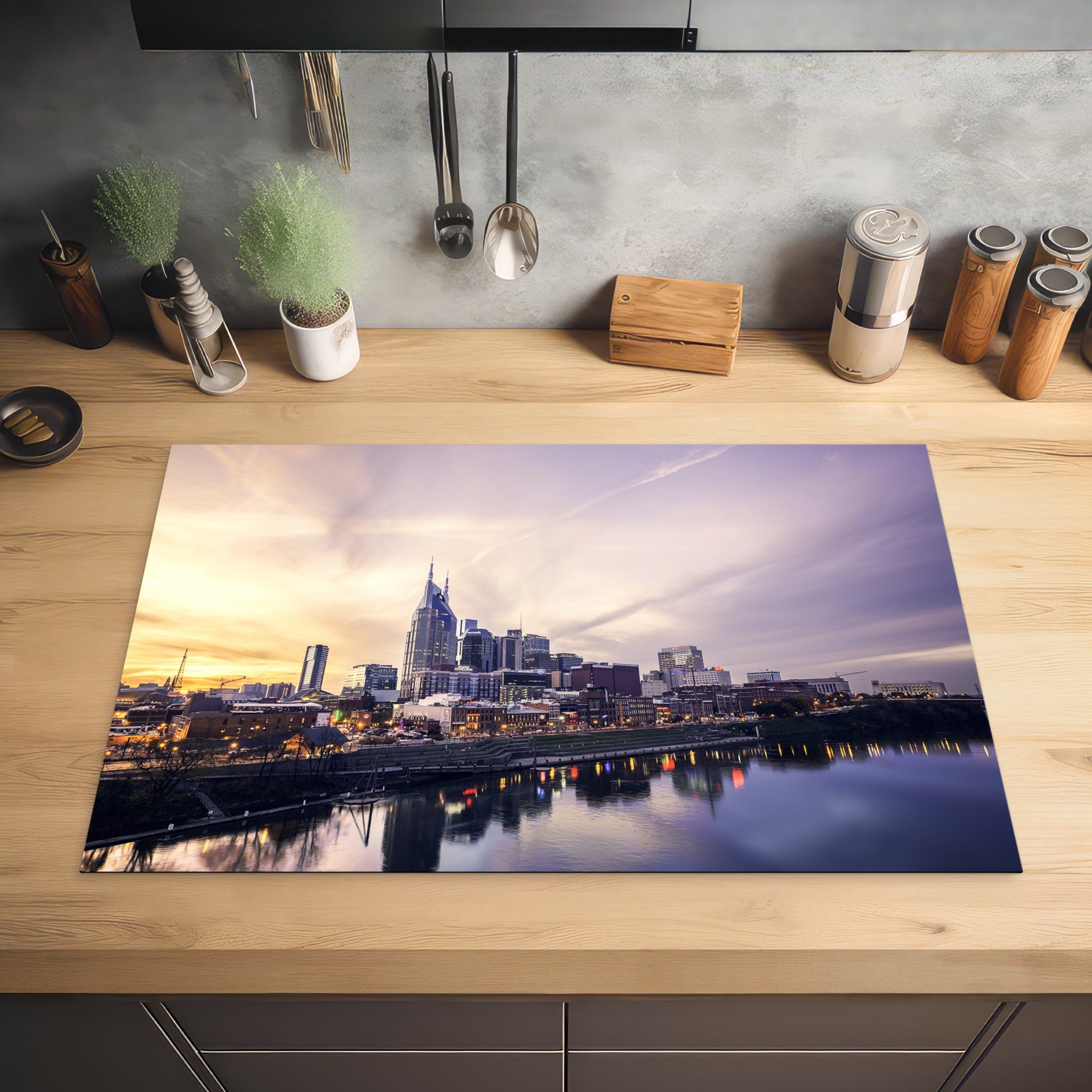 küche, tlg), für cm, Vinyl, 81x52 Nashville, Skyline MuchoWow Ceranfeldabdeckung von die Induktionskochfeld Staaten, Herdblende-/Abdeckplatte Vereinigte (1 Schutz