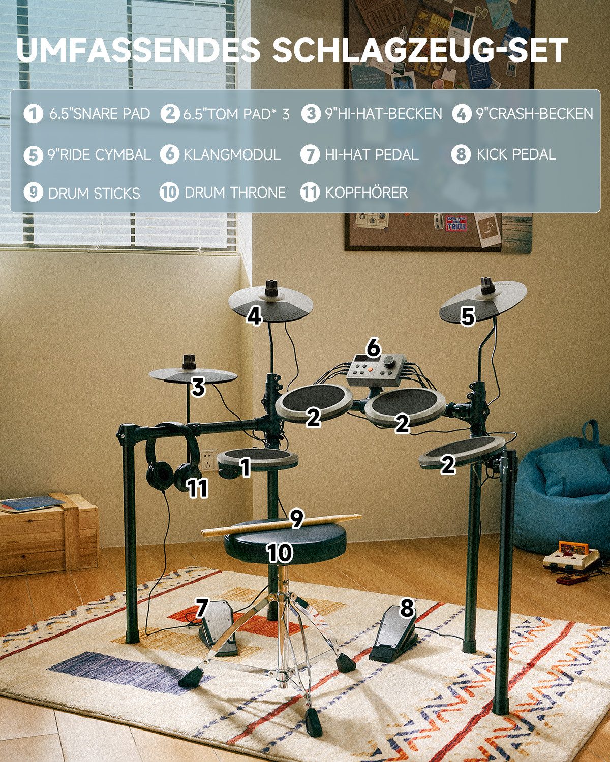 Donner E-Drum E-Schlagzeug 450 Sounds mit Thron Pedale Kopfhörer Unterricht DED-200,Set, Trommelhocker/Drumsticks/Kopfhörer/Audiokabel, 5 Trommeln und 4 Becken