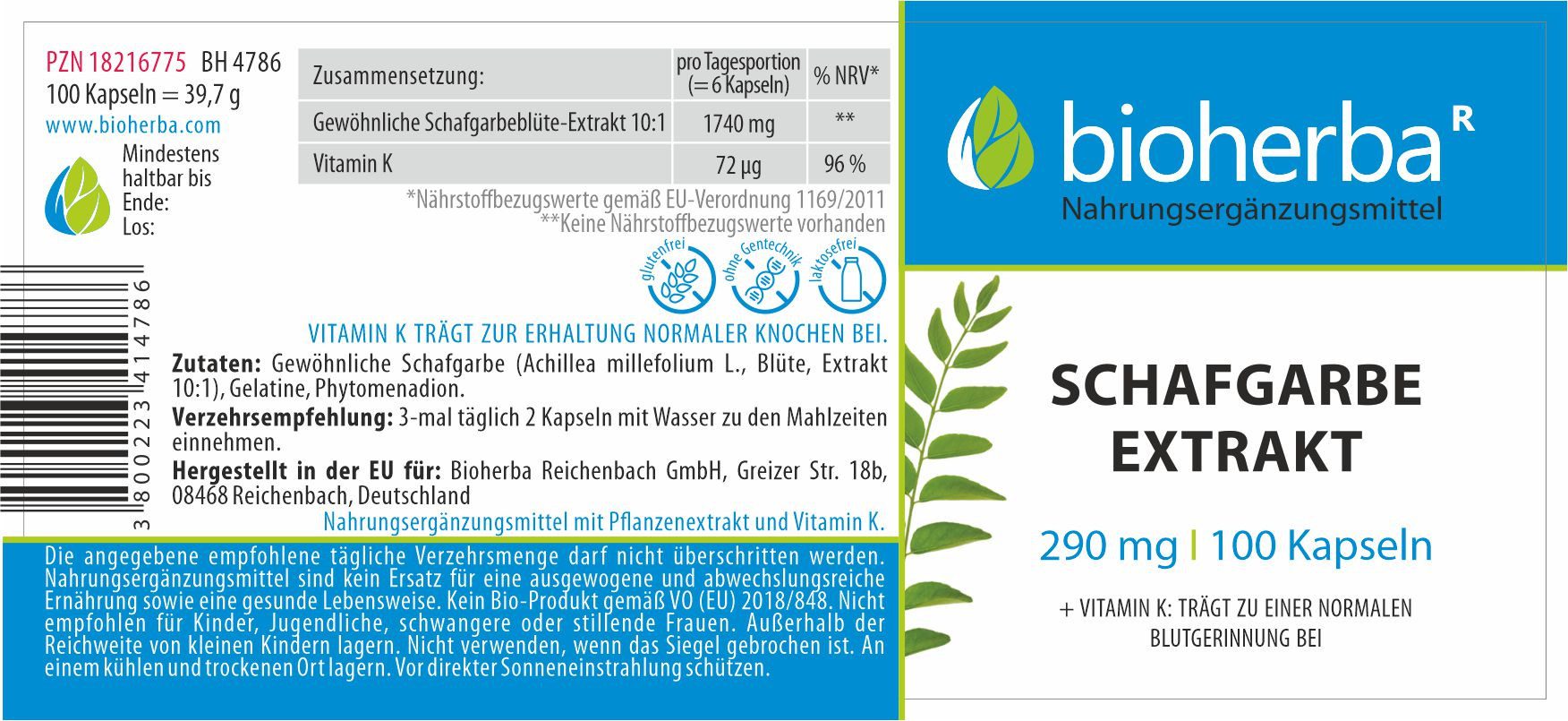 BIOHERBA R Bioherba Schafgarbe Extrakt 290 mg 100 Kapseln Nahrungsergänzungsmittel, 1 er