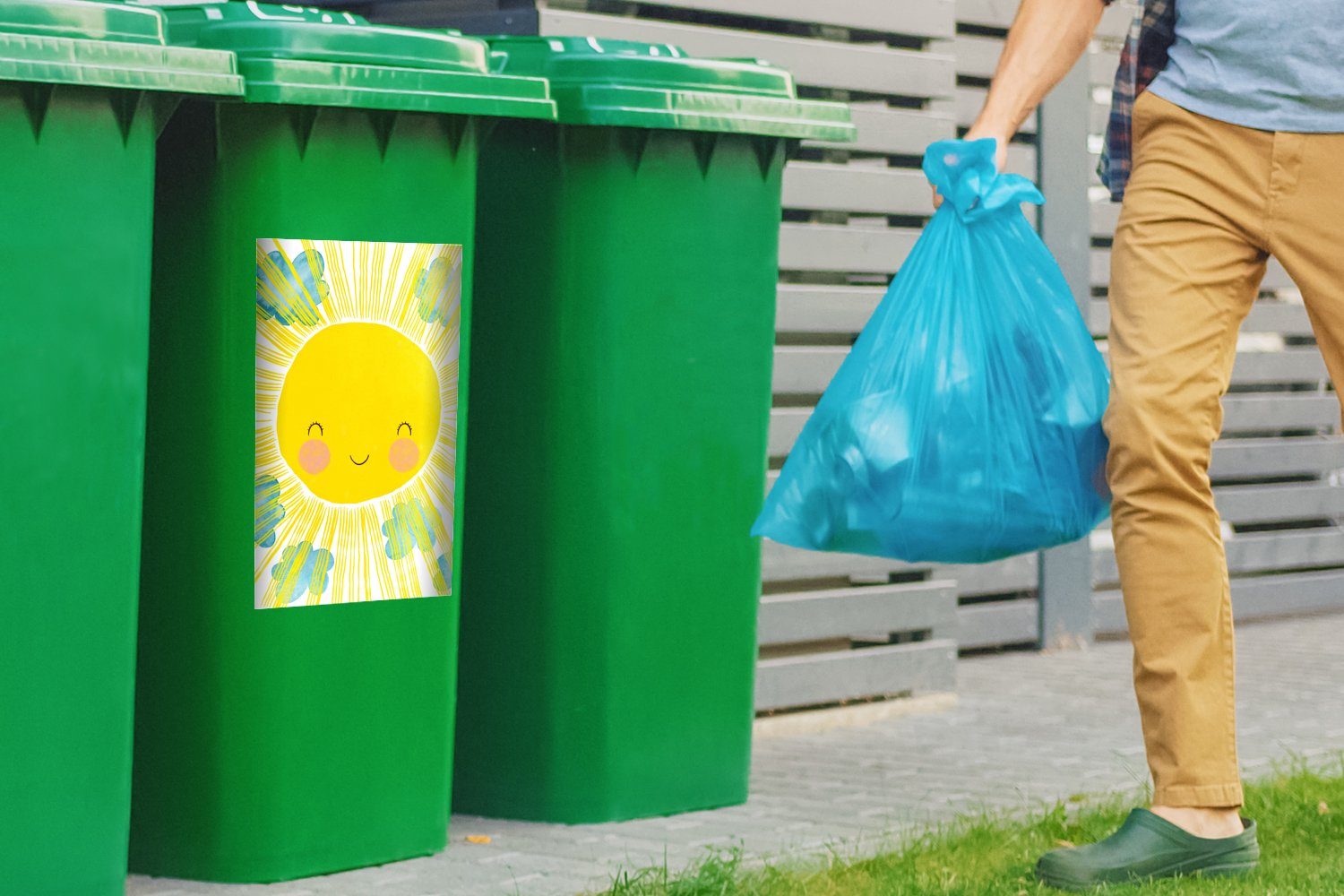 Illustration Sonne MuchoWow Abfalbehälter - St), Sticker, Kinder Mülltonne, Mülleimer-aufkleber, (1 Container, - Wandsticker Gelb -