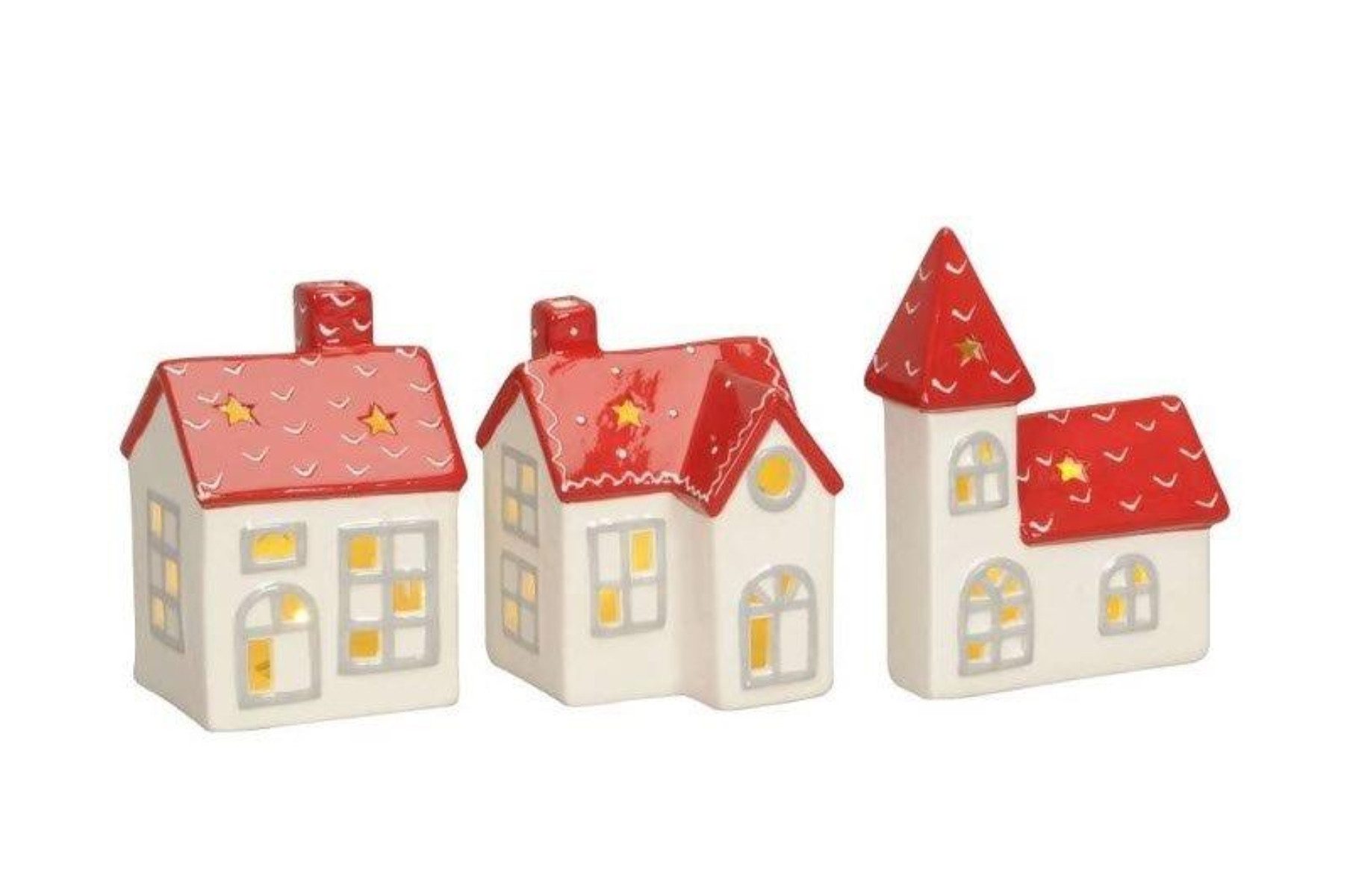 finehomegarden Dekoobjekt LED Haus Kirche 3fach sort. Keramik Weihnachten rot/weiß 8,5cm H12cm (3 St), Weihnachten Herbst Lichthaus Dekohaus Leuchthaus