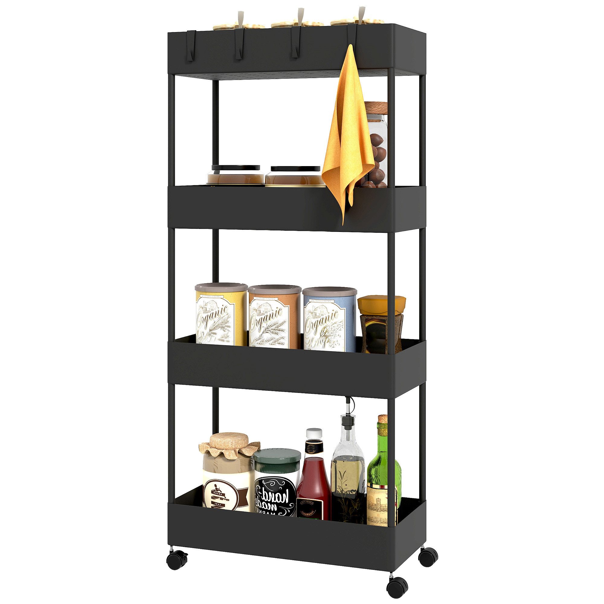 furnicato Servierwagen Küchenwagen mit 4 Regalen, 4 Haken, 4 Rollen, 40x19x90 cm, (1 St)