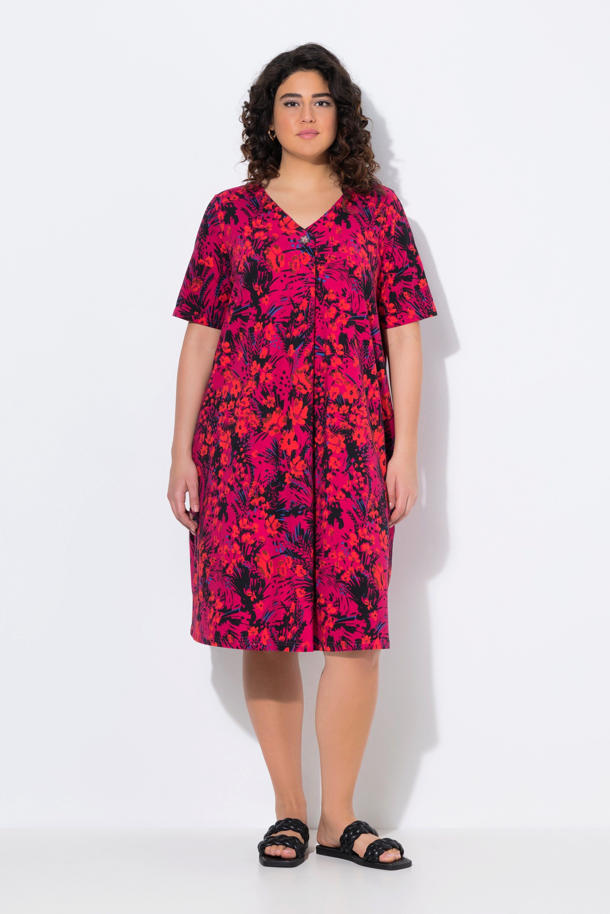 Ulla Popken Jerseykleid Jersey-Midikleid A-Linie V-Ausschnitt günstig online kaufen