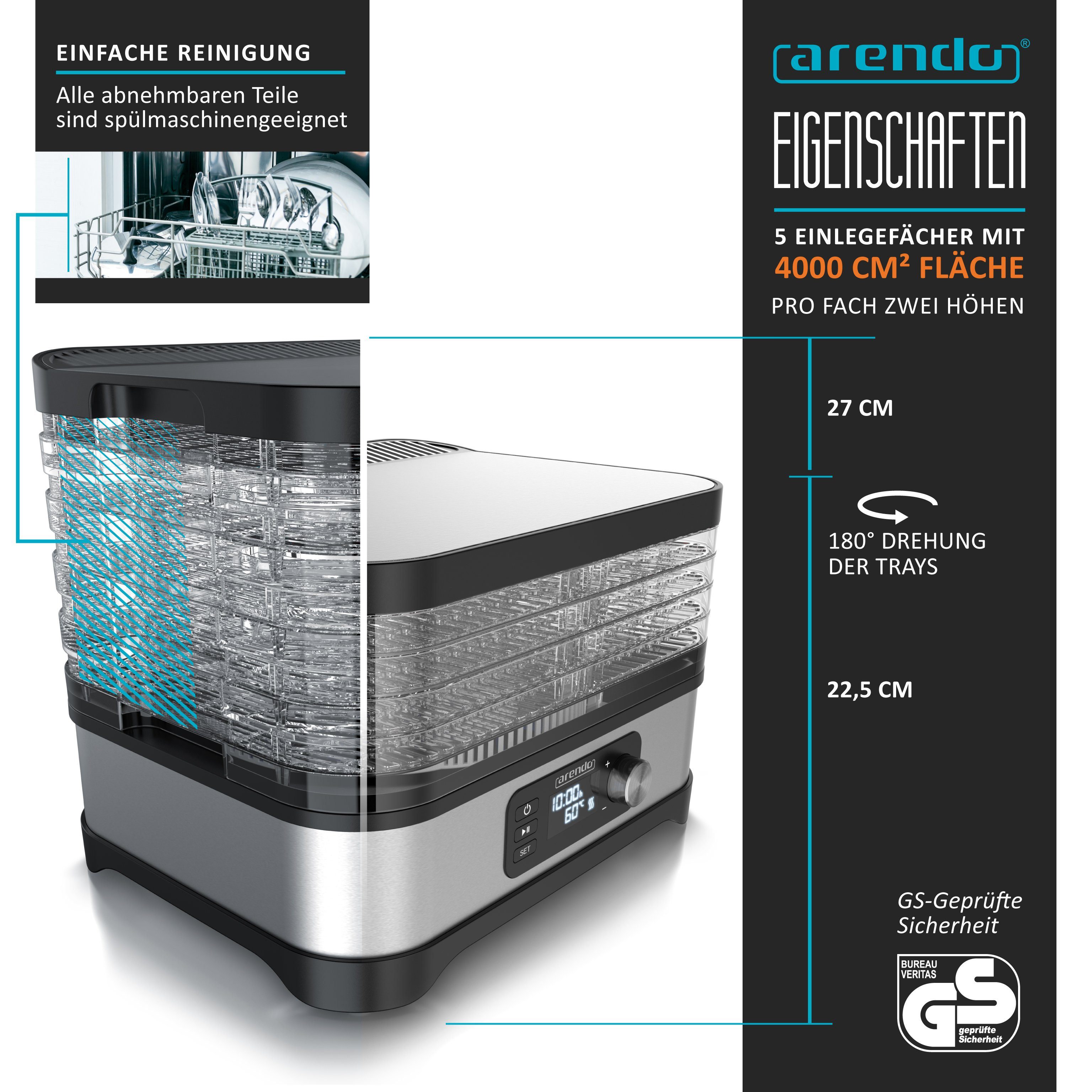 Arendo Dörrautomat mit Temperaturregler, 5 Etagen, 35-70°C, Edelstahl, Dörrgerät 400 W, 5 Etagen, Timer 24h, BPA-frei, für Fleisch/Obst/Gemüse, GS, 5 Einlegefäc – Bild 2 von 5