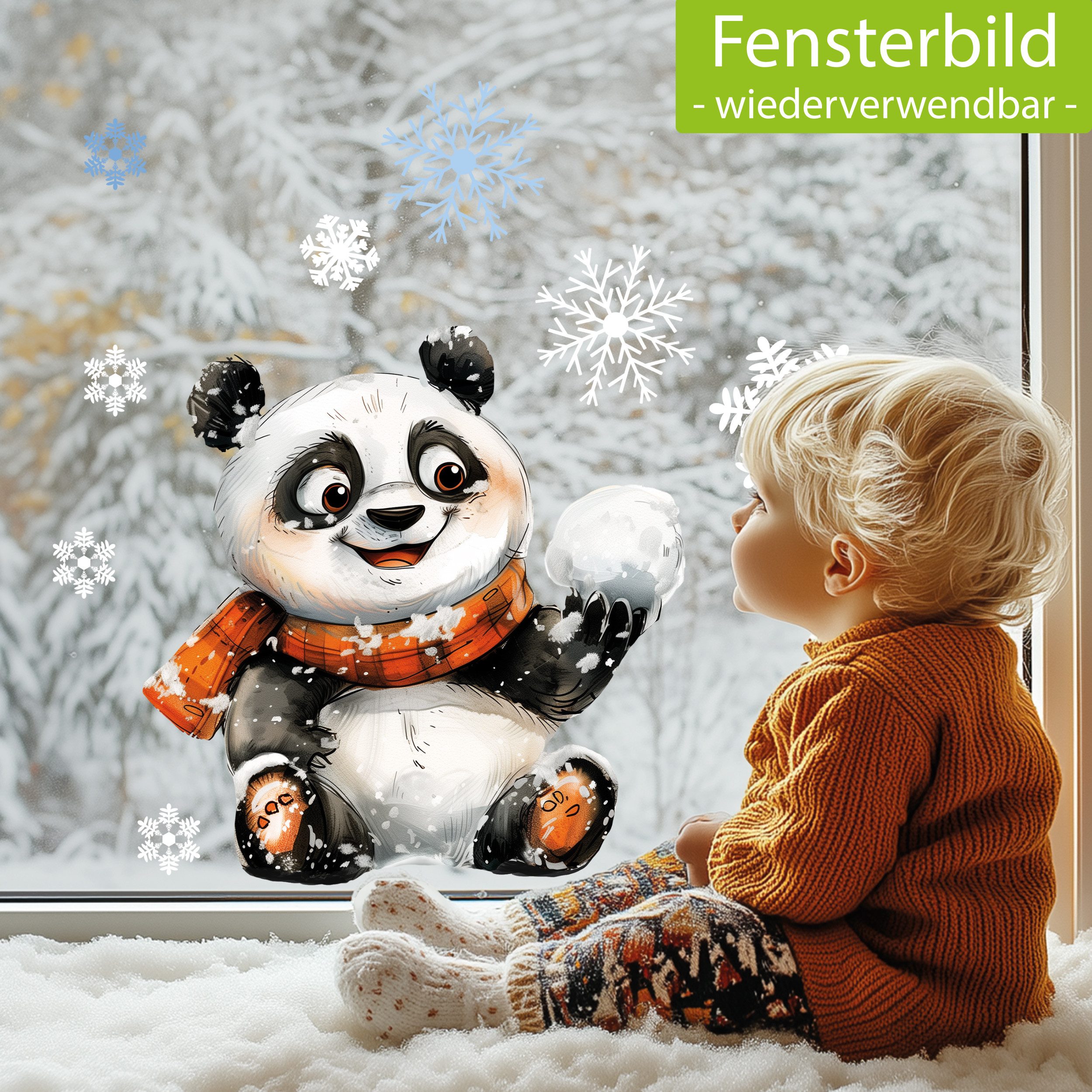 Sunnywall Fensterdekoration Kinderzimmer Fensterbild Winter Panda mit Schneeball, wiederverwendbar, statisch haftend, beidseitiger Druck