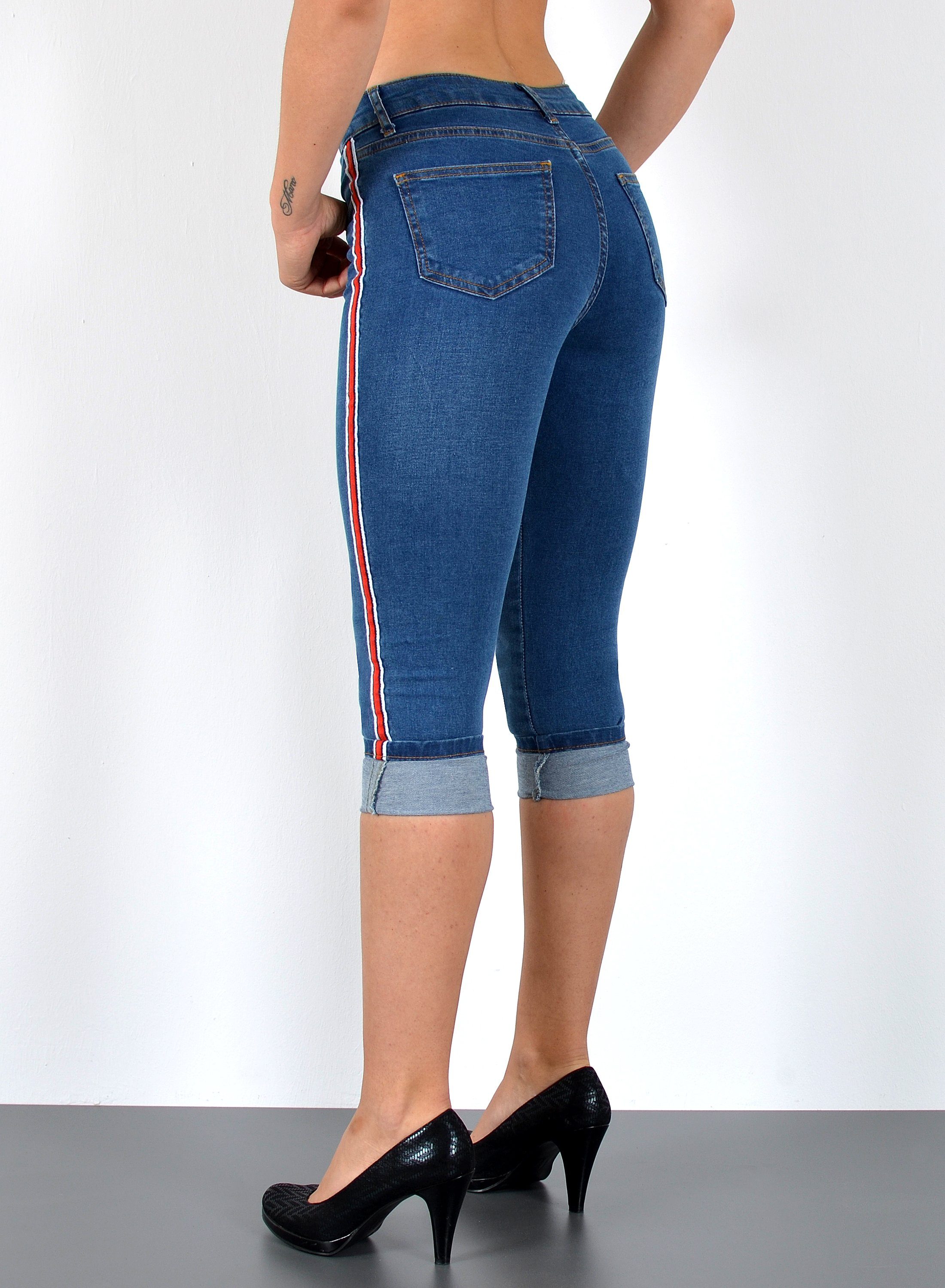 ESRA Caprijeans 3/4 Jeans Hose Capri Jeans mit Seitenstreifen Caprihose Damen Sommer High Waist Capri Jeans Damen 3/4 Hose mit Galon-Streifen bis Plus Size