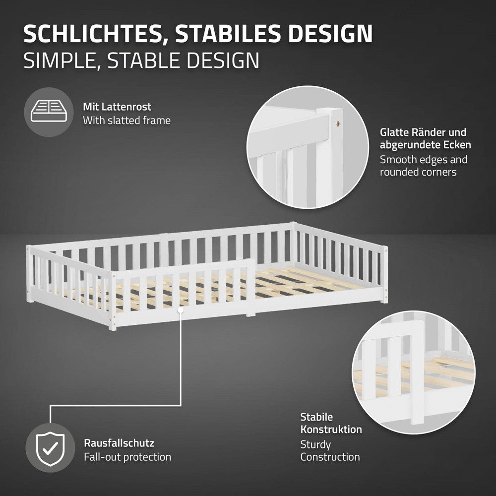 ML-DESIGN Spielbett Bodenbett Holzbett mit Lattenrost & Rausfallschutz Jugendbett Babybett, Abenteuerbett 120x200cm Weiß Kinderbett Bettgestell ohne Matratze