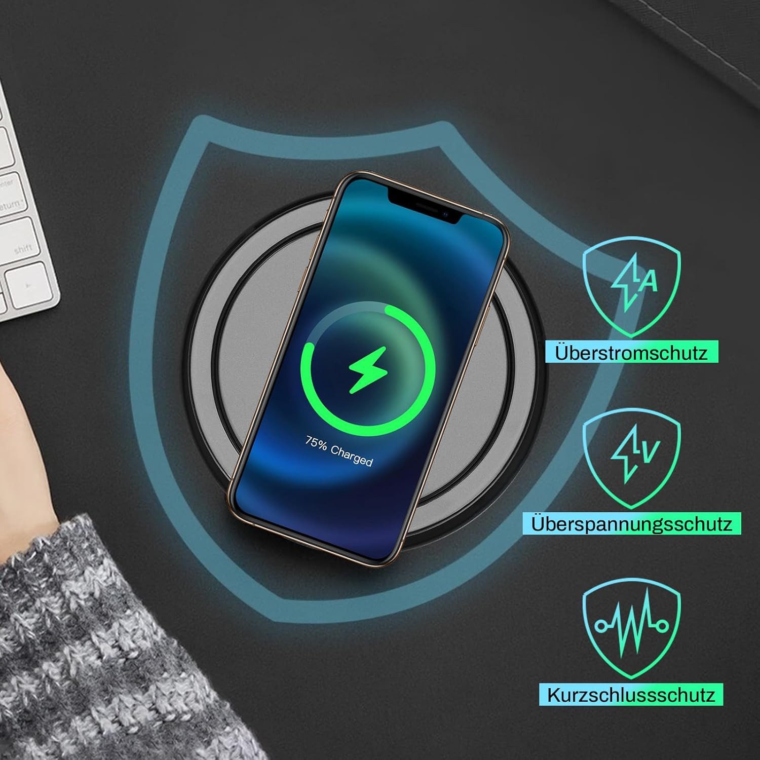 XERSEK 3 Fach + 2 USB Einbausteckdose Steckerleiste Wireless Charger Qi Einbau-Tischsteckdose (Ladegerät 3680W Versenkbare Mehrfachsteckdose, Kabellänge 1.8 m), Steckdosenleiste mit 1.8M Kabel,3680W/16A, D 120MM
