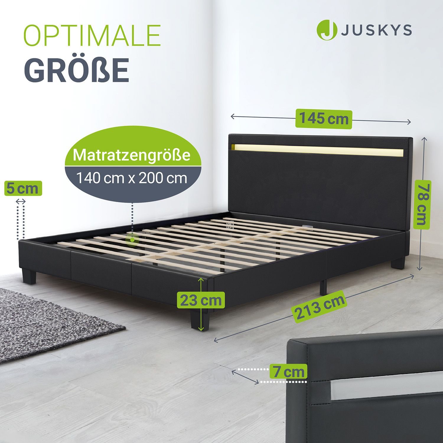 Juskys Polsterbett Paris, 140x200 cm, RGB-LED, Kunstleder, weiches Kopfteil, inkl. Matratze