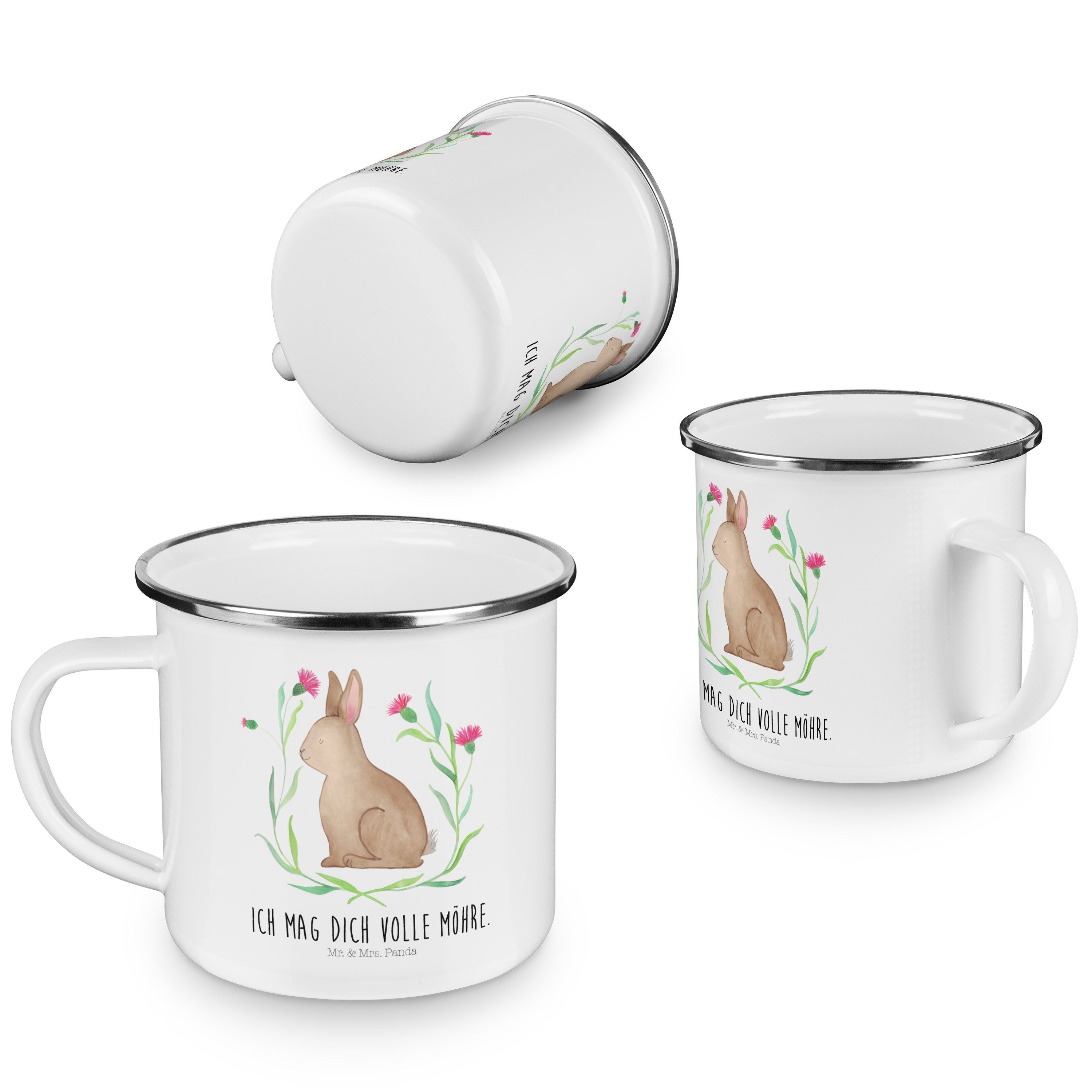 Mr. & Mrs. Panda Becher Osterhase, Geschenk, - Weiß Emaille Kaninchen, - Hase sitzend Tasse, Outdoor