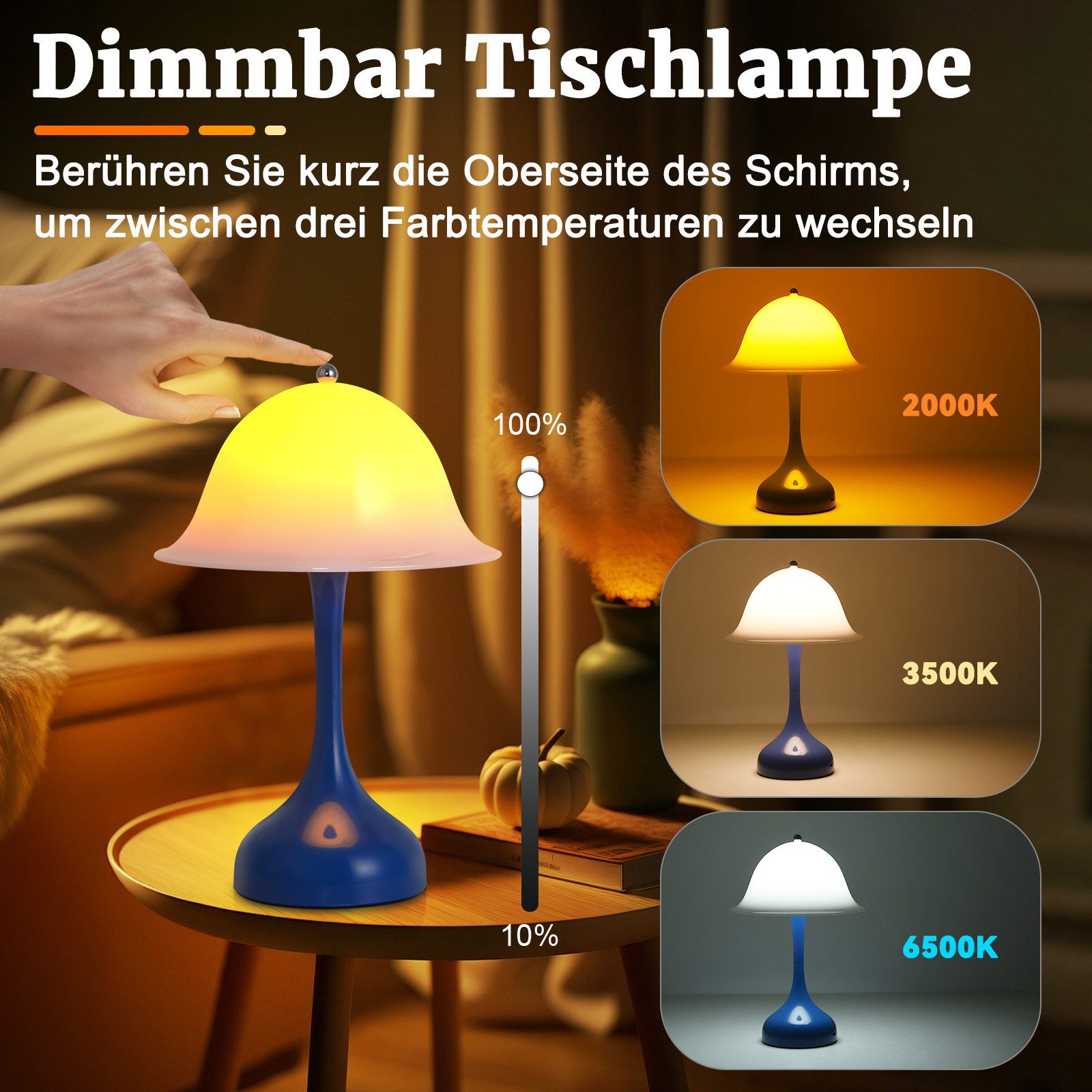ZMH LED Tischleuchte Akku Tischlampe Aufladbar Touch Dimmbar Schlafzimmerlampe, USB-Ladefunktion, LED fest integriert, 2000K-6500k, Kabellose Nachttischleuchte Tragbare Lampe für Wohnzimmer