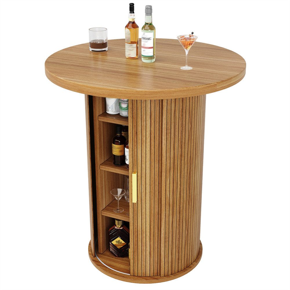 MODFU Bartisch Runder Esstisch mit Stauraum (mit 2 ergonomischen Barhockern, MDF Holzoptik, für Bar & Wohnzimmer, 3-St., 60*60*91.6cm(L x B x H)