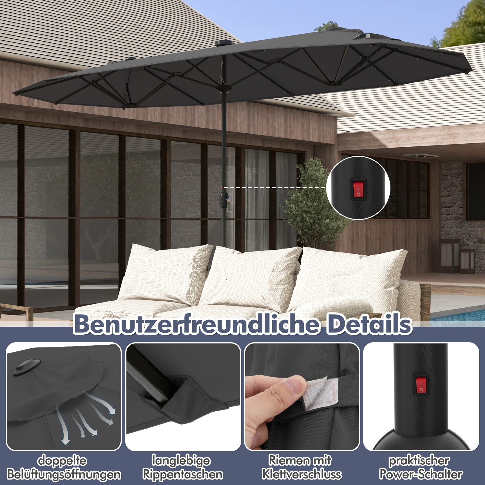KOMFOTTEU Sonnenschirm, LED Doppelsonnenschirm mit Ständer, günstig online kaufen