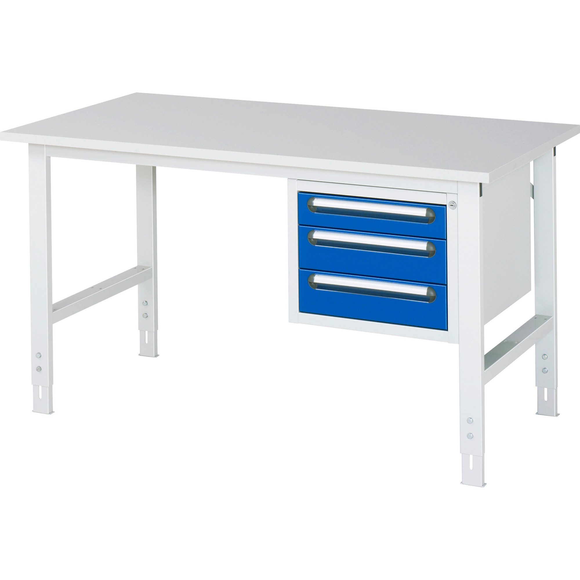 Werkbank Arbeitstisch 1500x800x760-1080 3xSchub M-Platte 22mm lichtgrau/enzianb