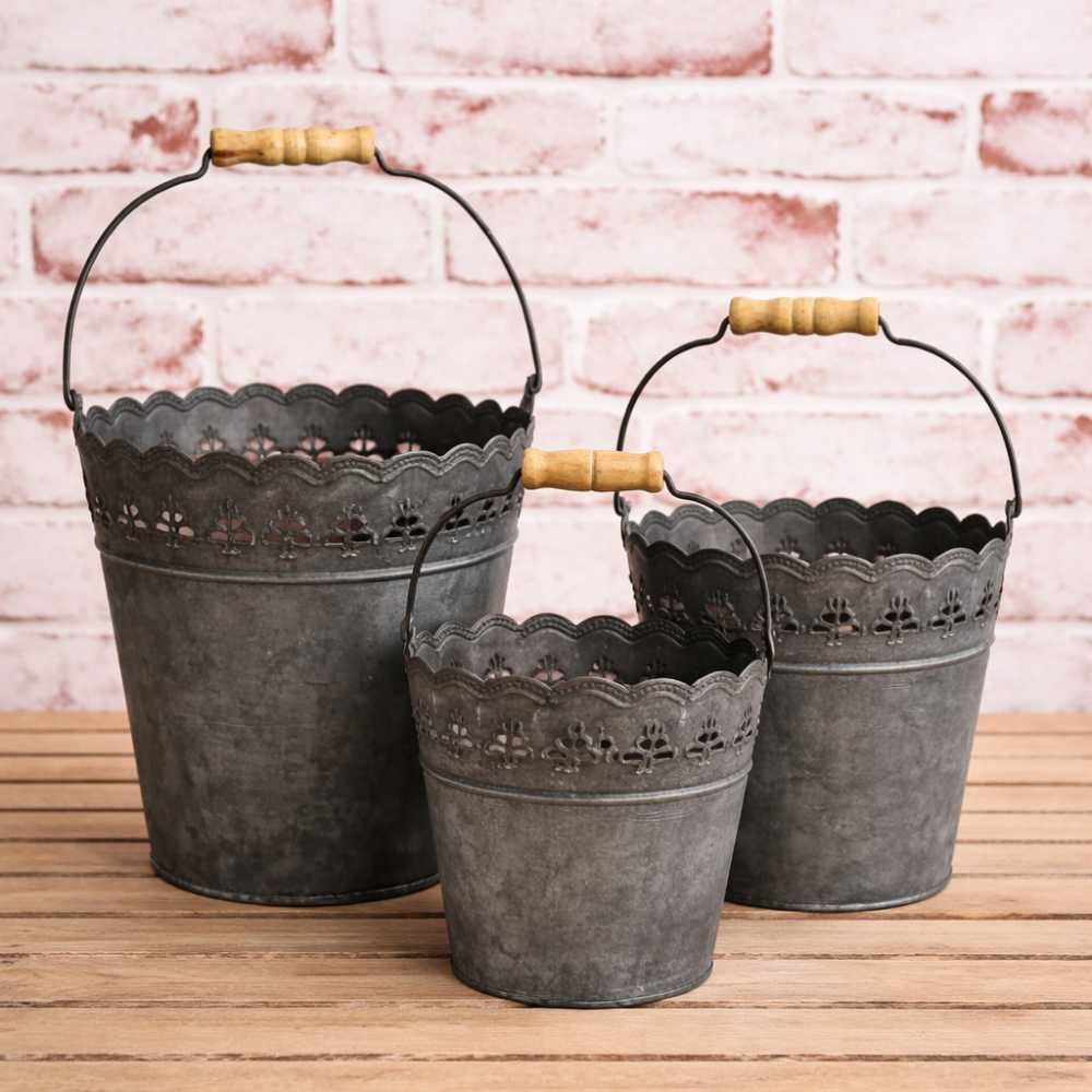 AltoBelli Blumentopf AltoBelli Eimer Set FELINI Zink mit Holzgriff 3er Set