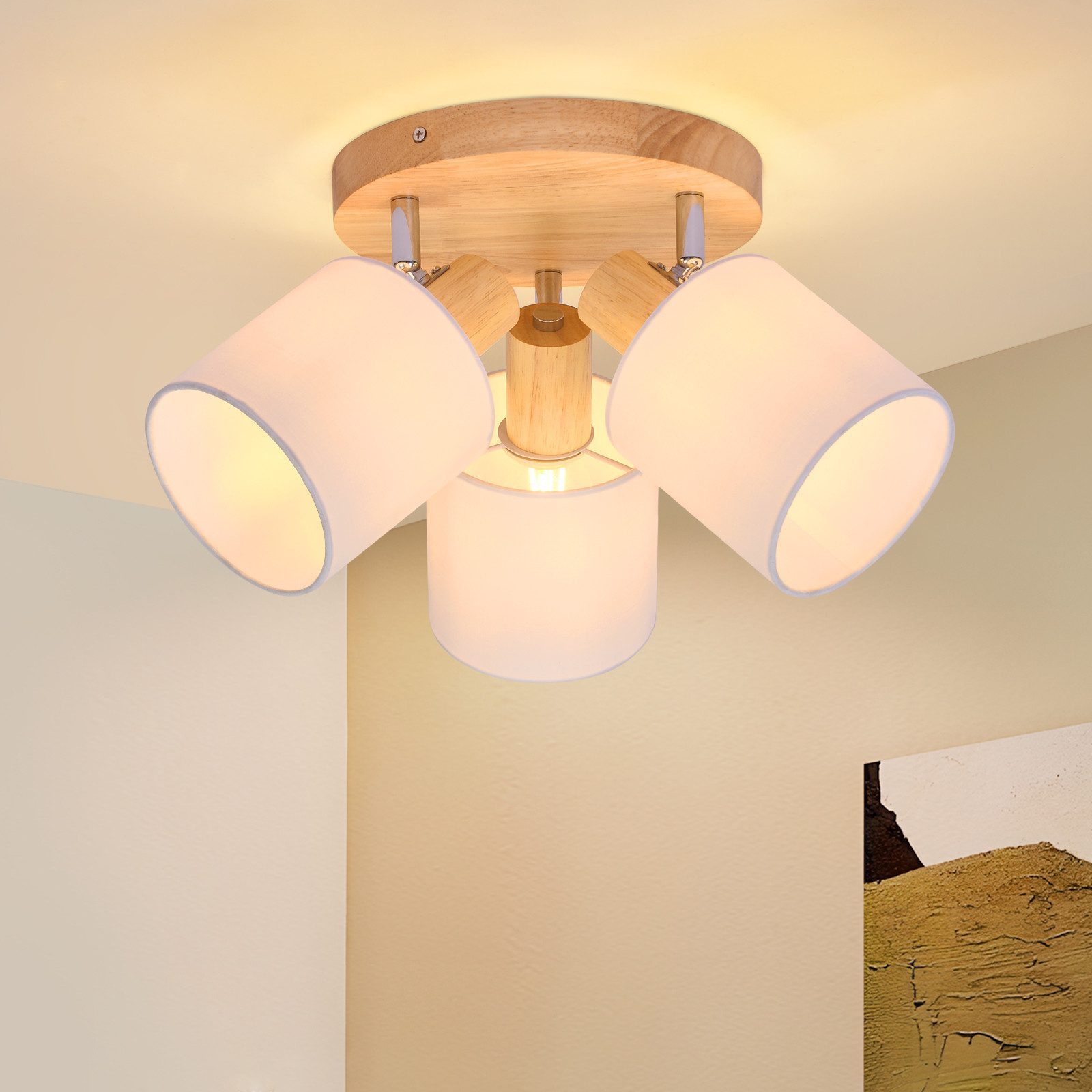 Nettlife Deckenstrahler 3-Flammig Rund Holz Strahler Deckenleuchte E14 25W, schwenkbar 350°, ohne Leuchtmittel, Deckenleuchte für Küche Wohnzimmer Schlamfzimmer Flur