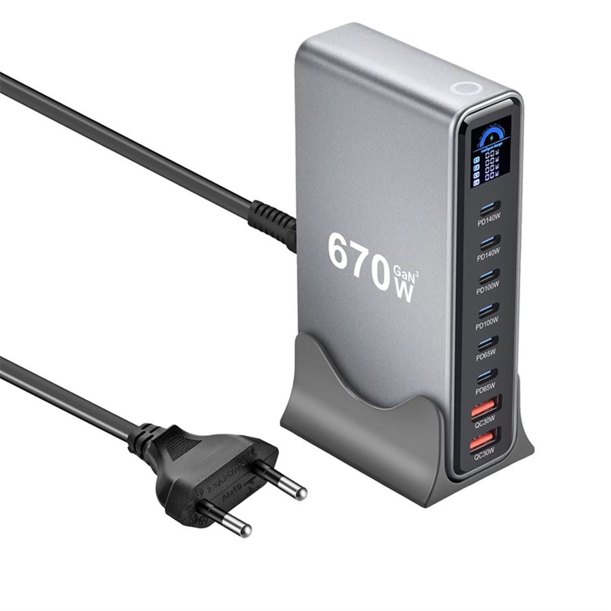AUDEW 670W 8-Port LCD USB-Ladegerät (6× USB-C PD, 2× USB-A, Digitalanzeige GaN Schnellladegerät, Smartphone Laptop Ladegerät, Desktop-Ladestation)