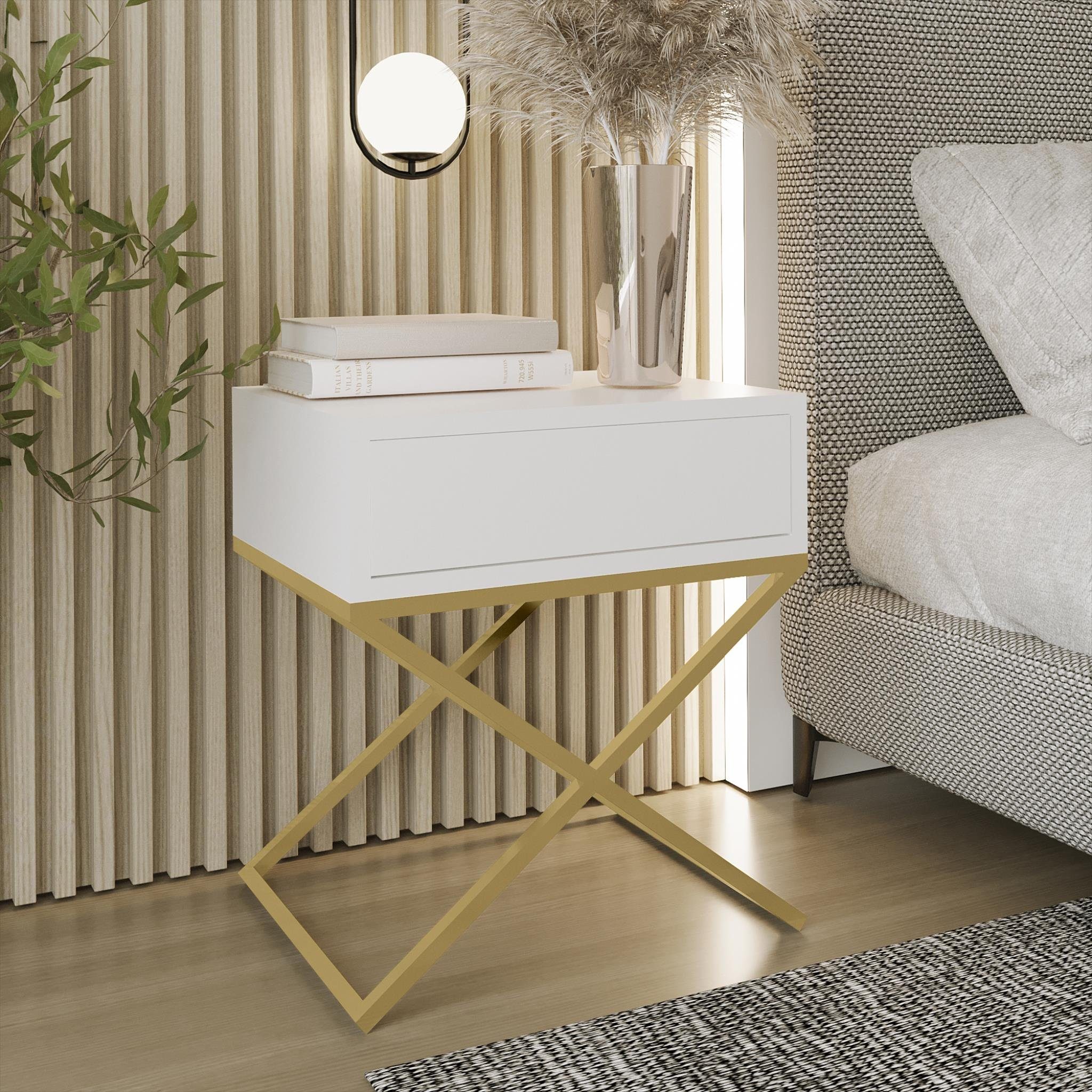 Beautysofa Nachttisch Max (inkl. Schublade, x-förmigen Metallgestell, 45 x 50 x 35 cm (B x H x T), kleine Tisch im modernes Deisgn für Schlafzimmer Weiß | Goldenfarbig