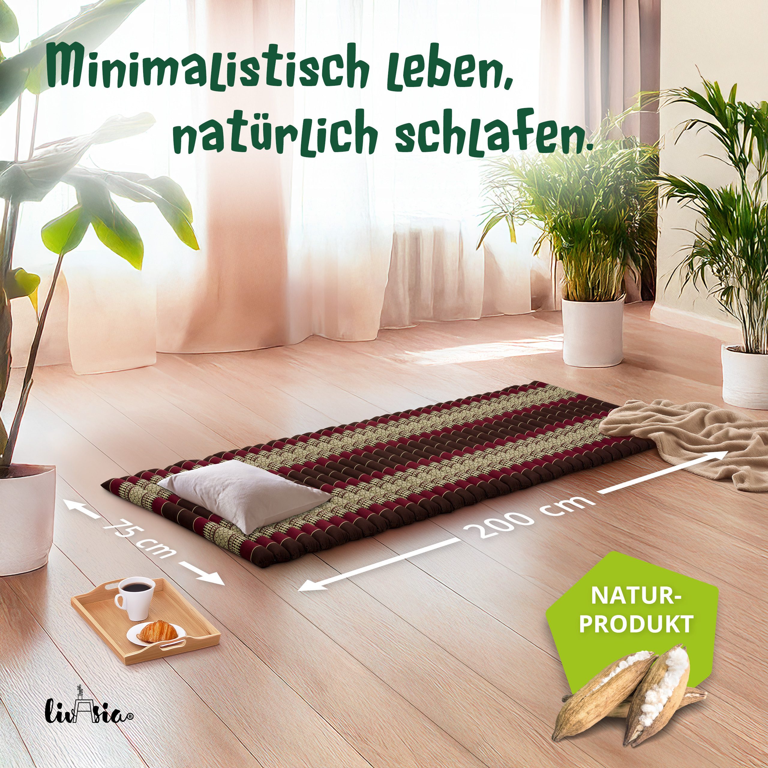 Reisebett-Matratzen Rollmatte 75 cm breit, vegan und handgefertigt, 200x75x4,5cm, livasia, 4.5 cm hoch, Kapok