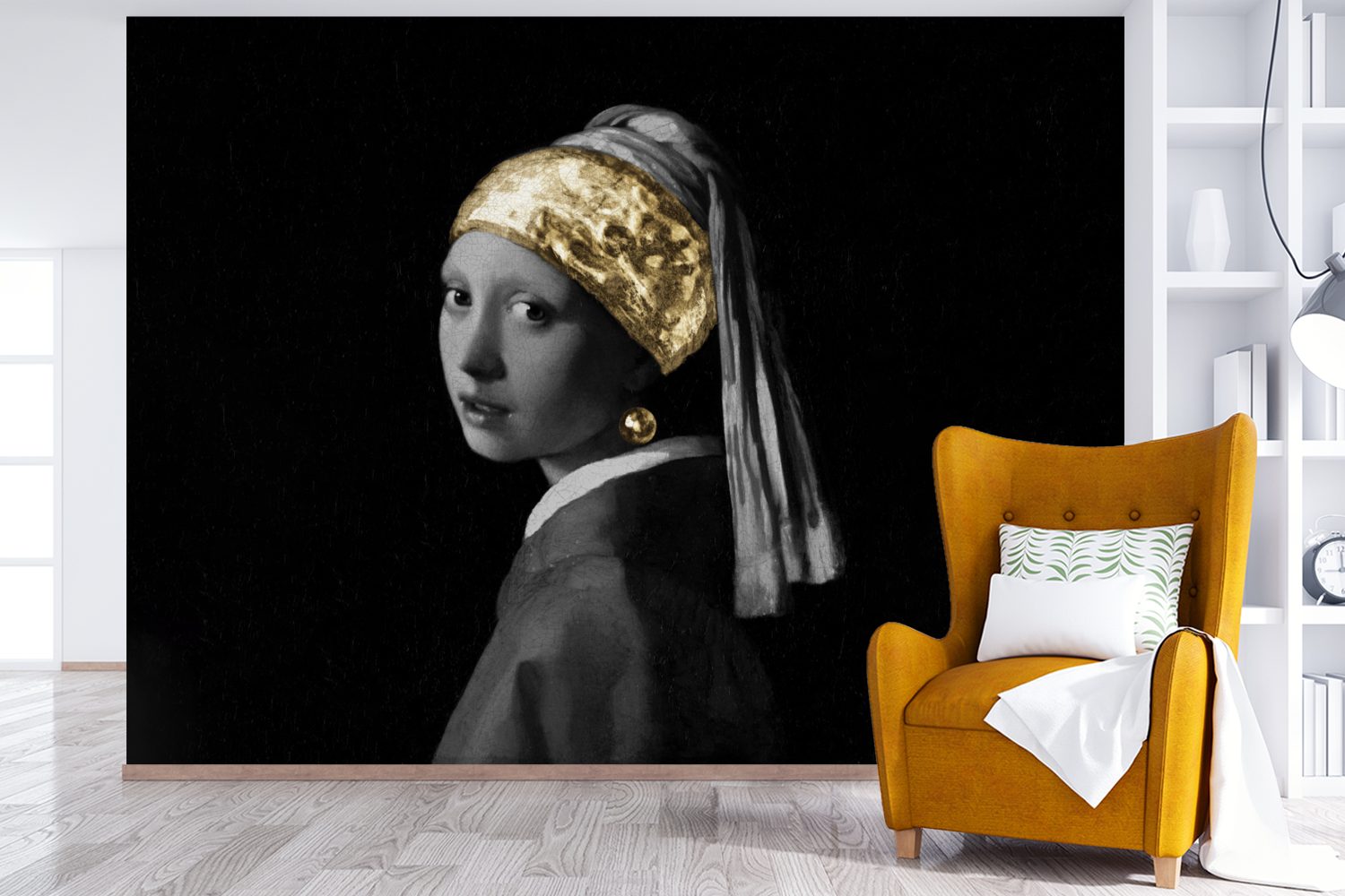 MuchoWow Fototapete Mädchen - Kinderzimmer, - Tapete Gold, (6 Vinyl Perlenohrring - Vermeer St), Matt, Wallpaper Wohnzimmer, Schlafzimmer, bedruckt, Stirnband mit für