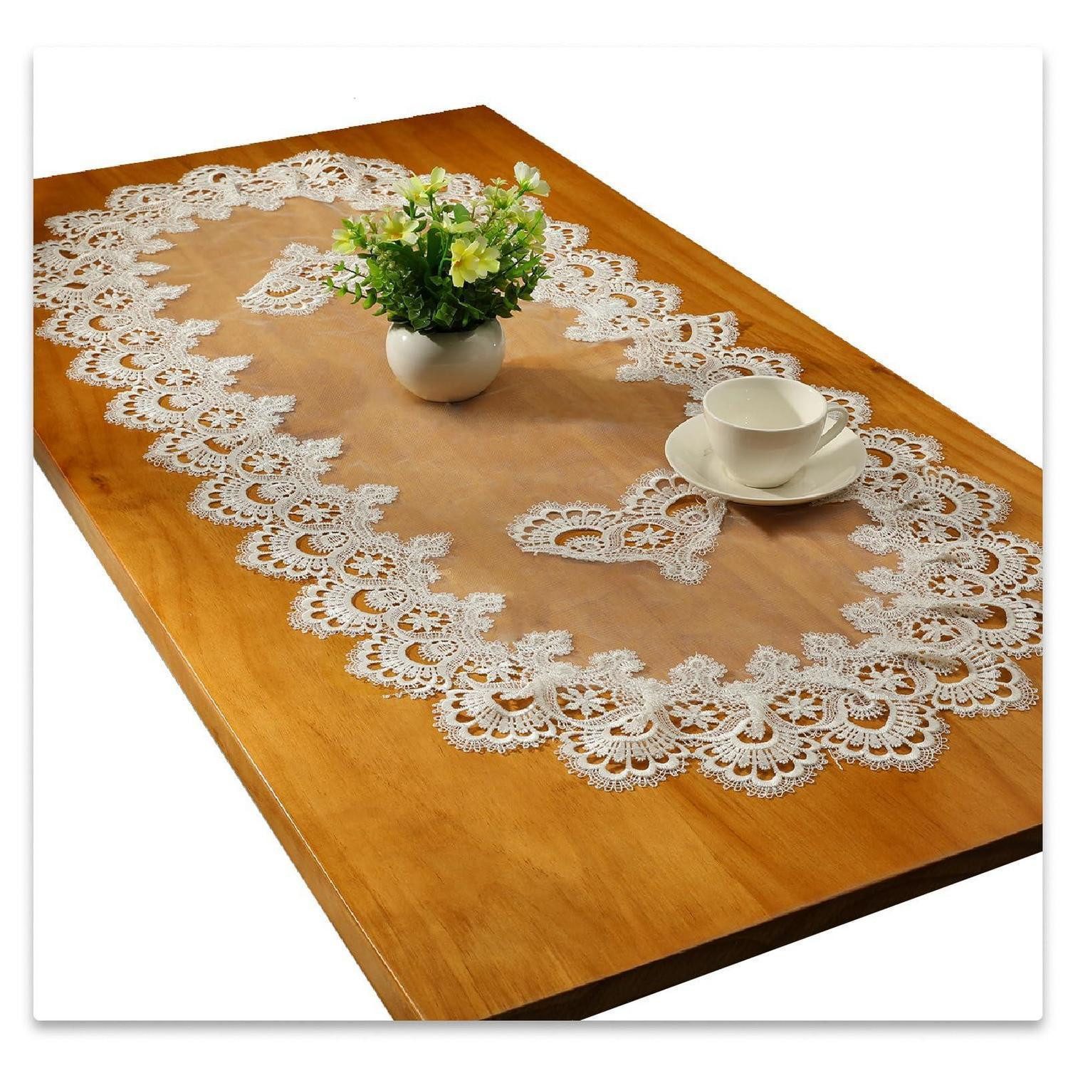LuxusKollektion Tischläufer Tischläufer Oval Spitze Gestickt Weiß 50x110cm (1-tlg)