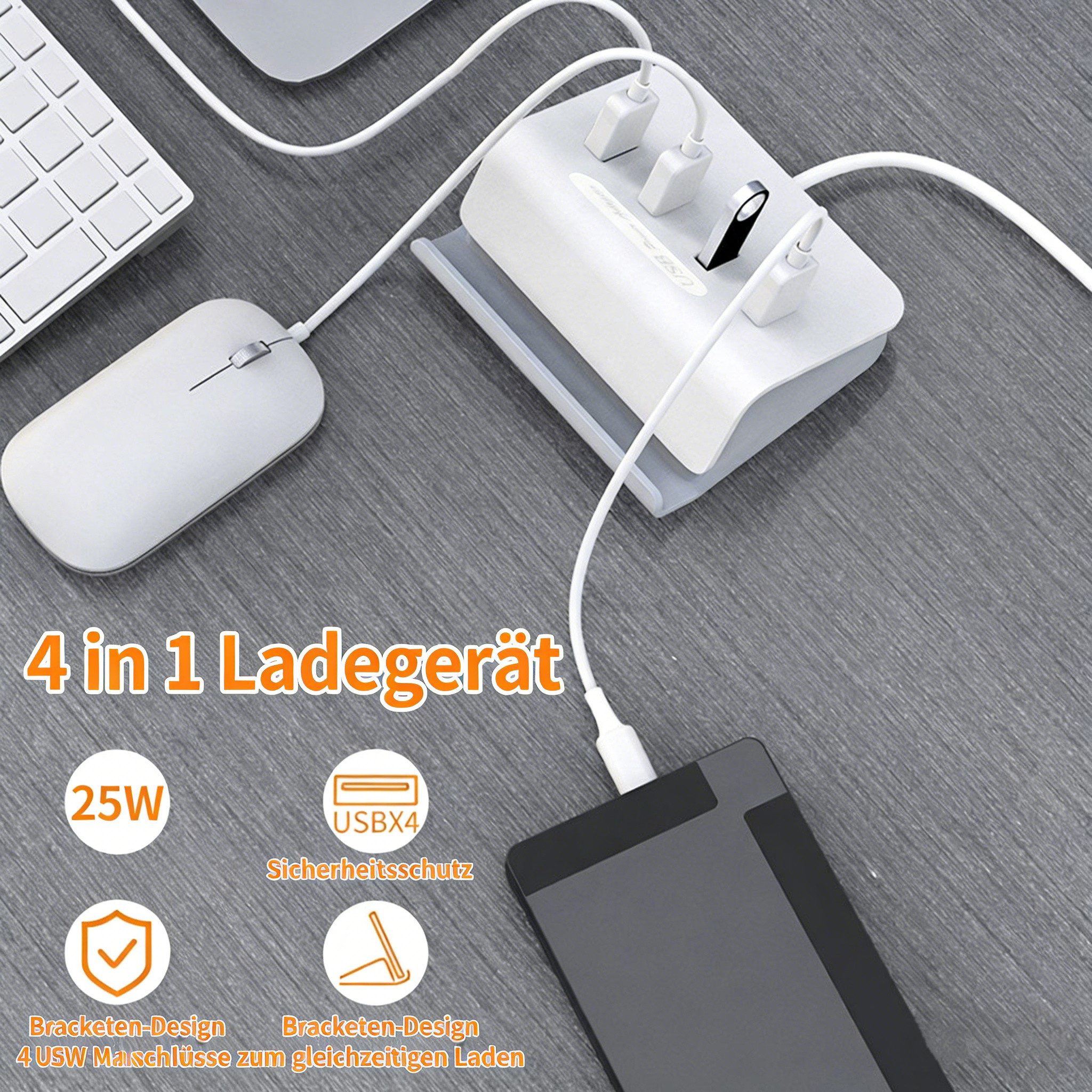 Kityhome 4-USB-C Ladestation mit Handy-Ständer, weiß – Schnelllade-Hub USB-Ladegerät (Hochwertige, Universell kompatibel, Integrierter Phone-/Tablet-Ständer)
