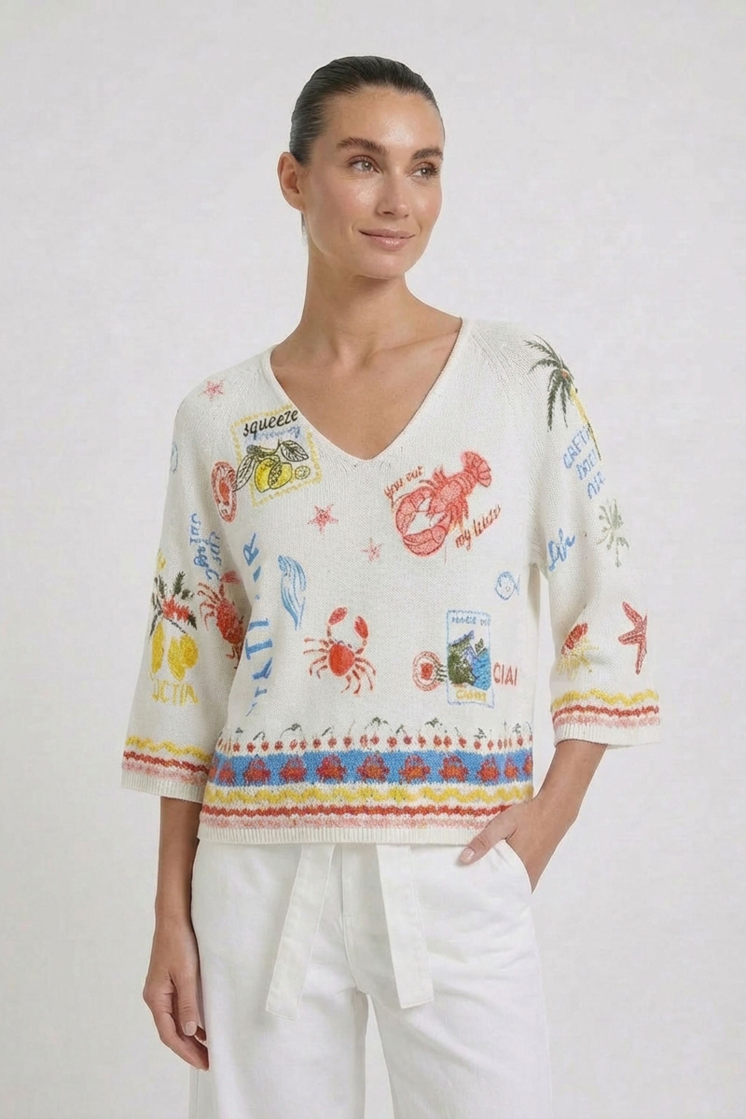 Oui Kurzarmpullover Oui Sommer-Pullover bedruckt 3/4 Arm (1-tlg)