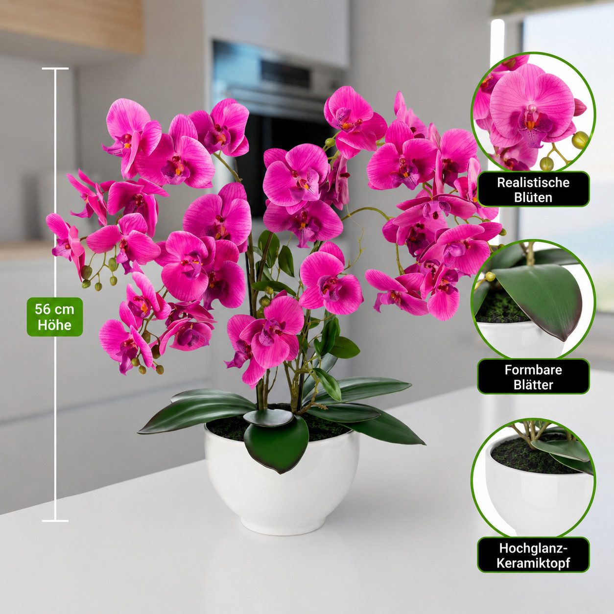 Kunstorchidee PASCH® XXL Orchidee künstlich wie echt (56cm) in Hochglanz-Keramiktopf Orchidee, PASCH