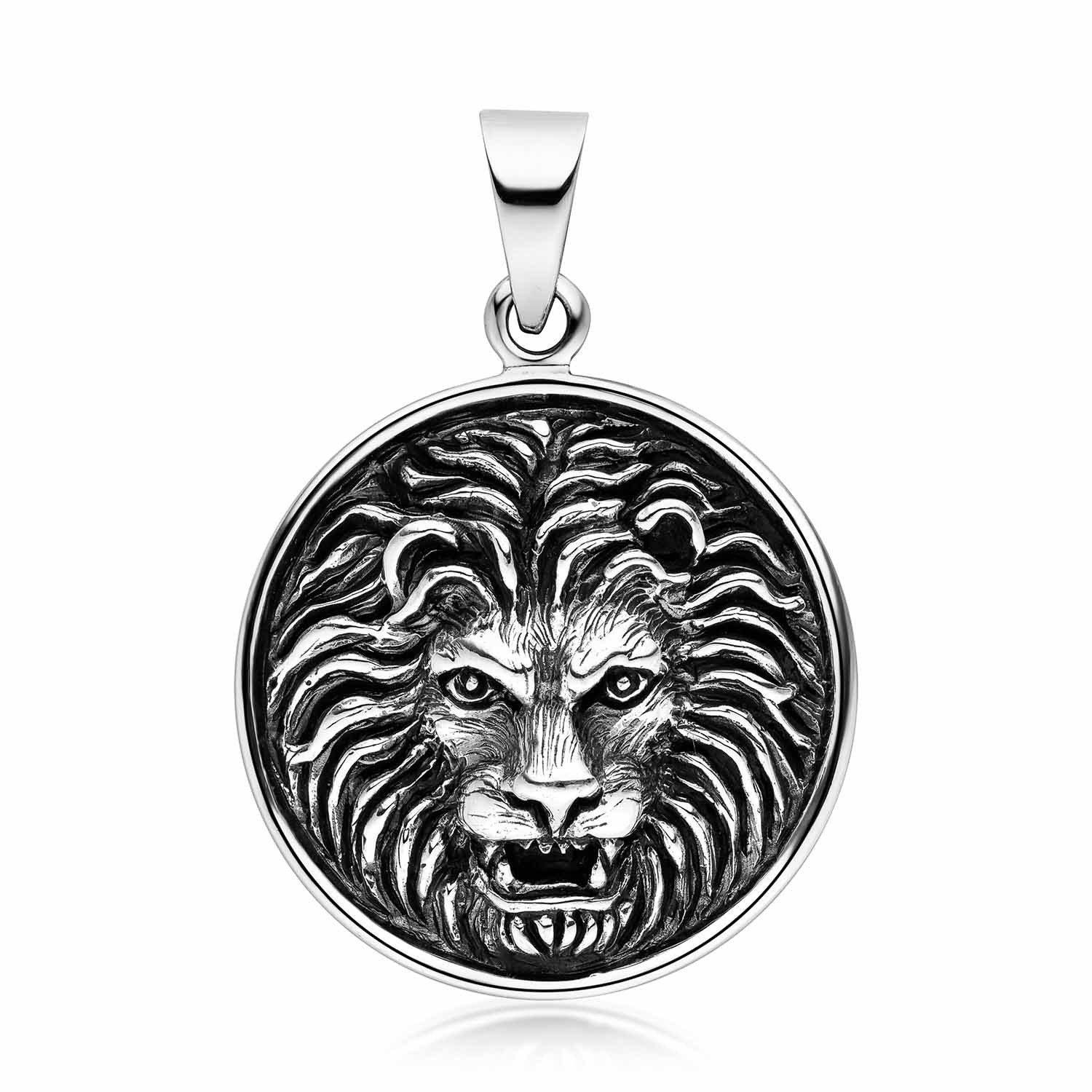 Materia Runder Anhänger Löwe Löwenkopf für Herren antik Ø25,5mm KA-112, 925 Sterling Silber, geschwärzt