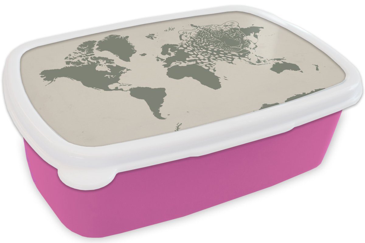 Brotbox Brotdose - Weltkarte Snackbox, Erwachsene, Kinder, Mädchen, für Leopard, MuchoWow Kunststoff, Tiere - Lunchbox Kunststoff (2-tlg), rosa