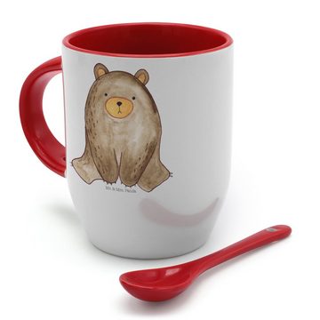 Mr. & Mrs. Panda Tasse Bär sitzend - Weiß - Geschenk, Tasse mit Löffel, Teddybär, Kaffeebech, Keramik, Farbiger Löffel