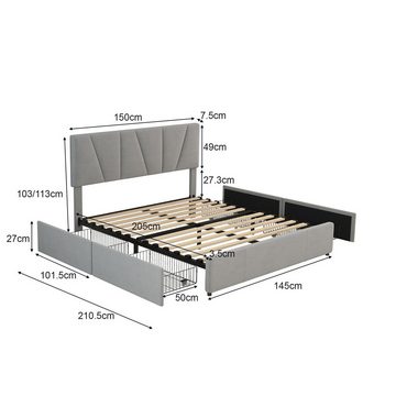 HAUSS SPLOE Bett Polsterbett Doppelbett Funktionsbett Bettrahmen mit Schubladen (mit vier Schubladen auf zwei Seiten,Verstellbares Kopfteil, 140*200cm), Ohne Matratze