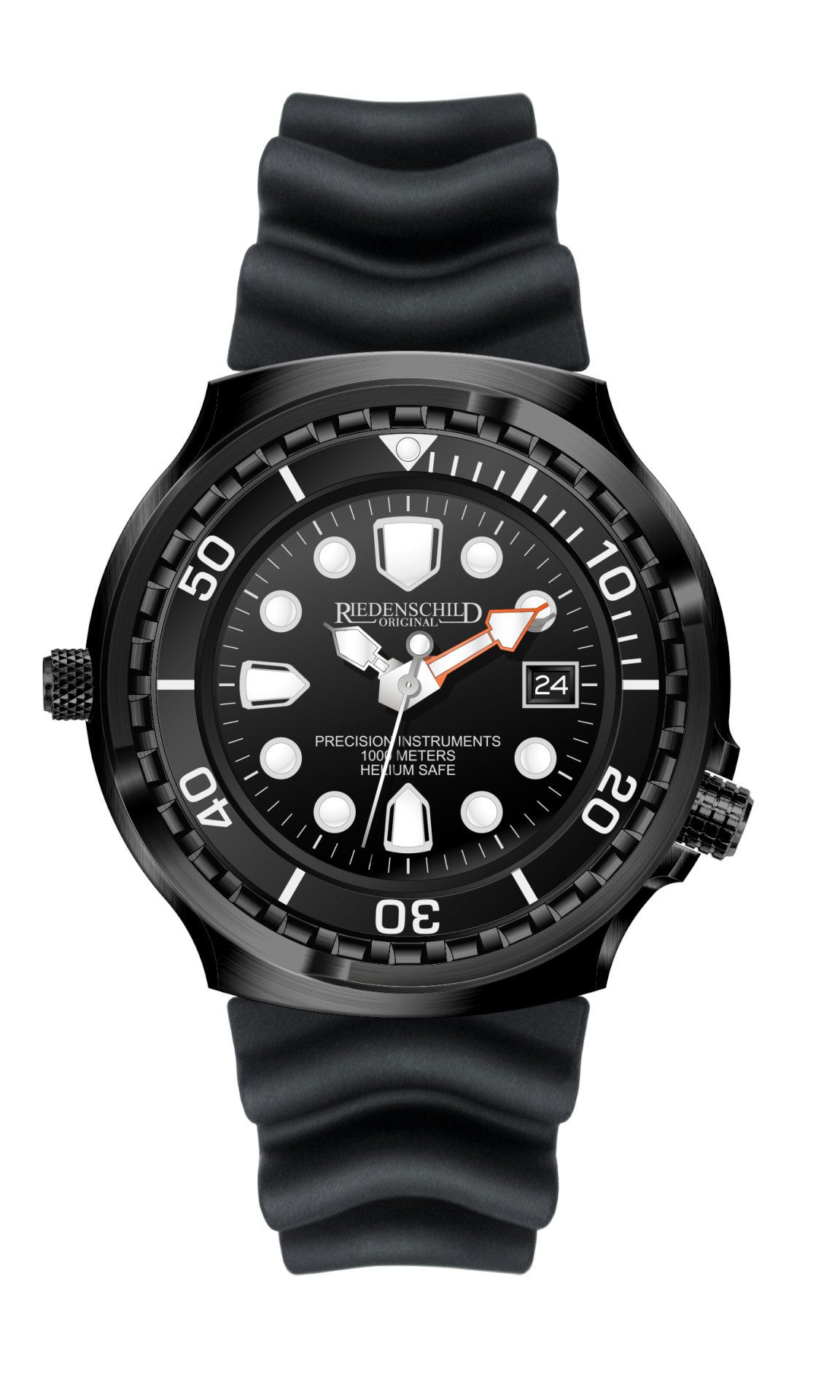 Riedenschild Taucheruhr RS9000-12, 100 ATM Wasserdicht, 46 mm, Schwarzes Silikonband, Saphirglas, Profi-Taucheruhr, Robuste Armbanduhr für Herren