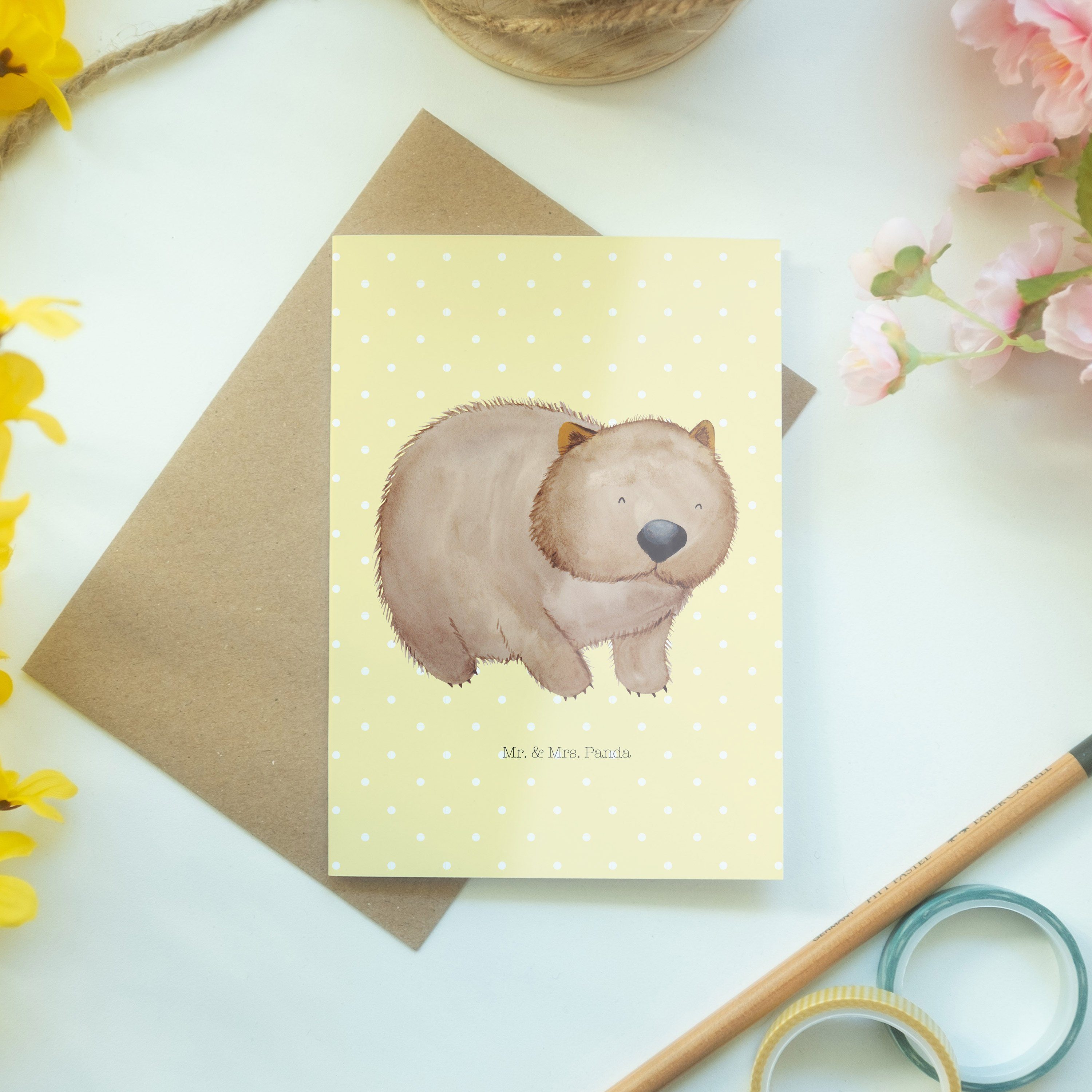Mr. & Mrs. Panda - - Ti Wombat Grußkarte Pastell Einladungskarte, Geschenk, Gelb Hochzeitskarte