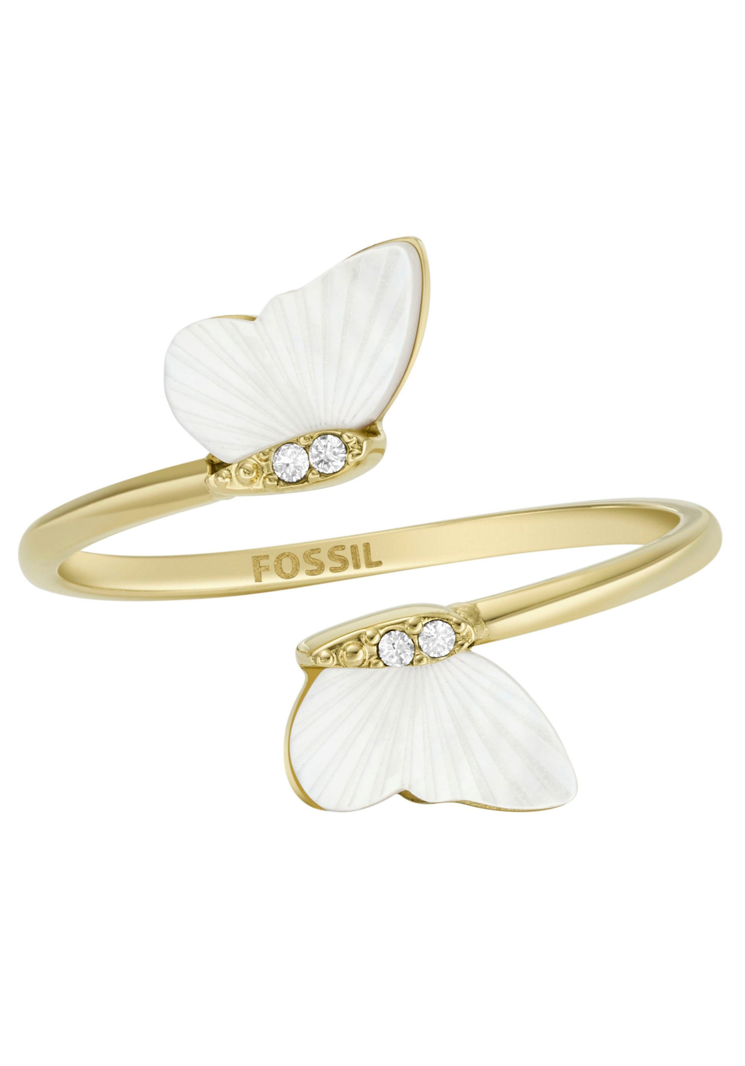 Fossil Fingerring Schmuck Geschenk Edelstahl Ring JEWELRY Schmetterling, mit Zirkonia (synth) - mit Perlmutt