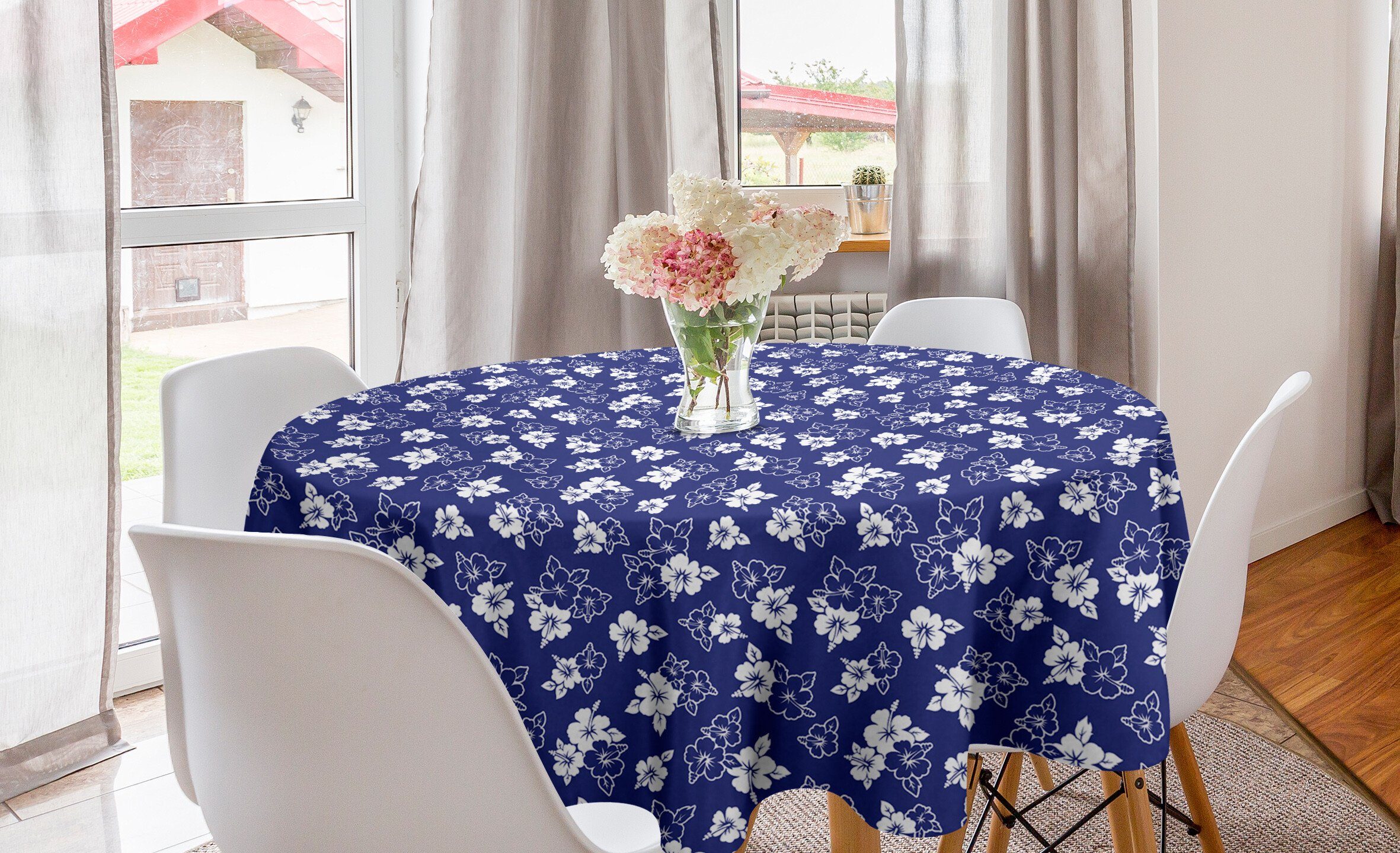 Abakuhaus Tischdecke Kreis Tischdecke Abdeckung für Esszimmer Küche Dekoration, Aloha Monochrome Exotic Hibiscus