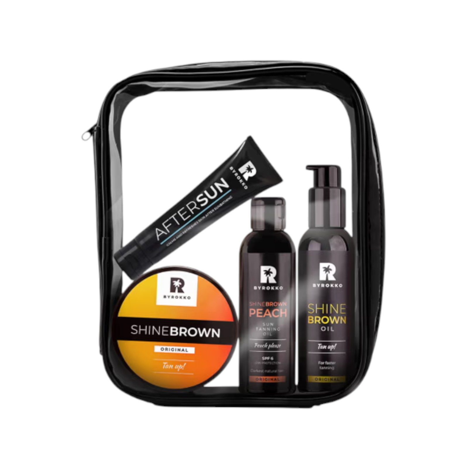 BYROKKO Hautpflege-Set The Originals Bundle 1X original SHINE BROWN Creme 1X original SHINE BROWN Öl 1X original SHINE BROWN SPF6 Pfirsichöl 1x GRATIS GESCHENK (damit du länger braun bleibst) 1x BYROKKO KOSMETIKTASCHE GRATIS, 5-tlg.