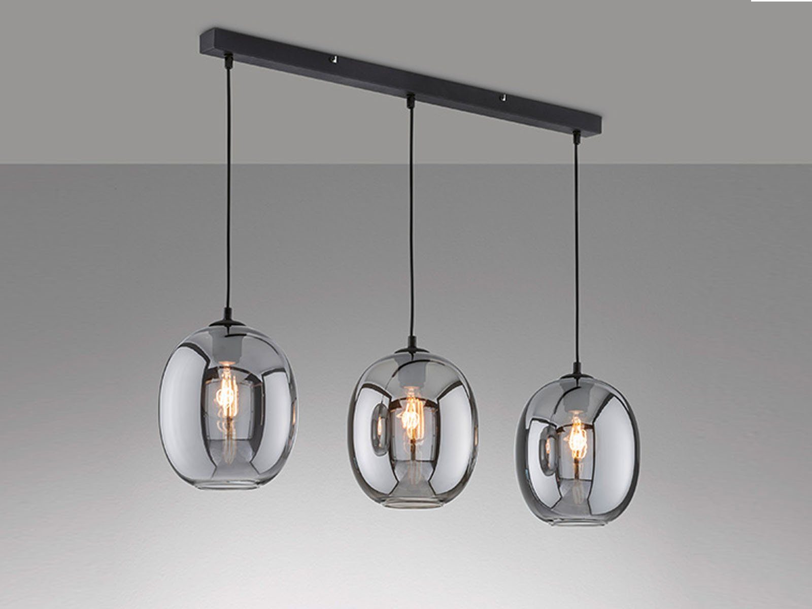 FISCHER & HONSEL LED Pendelleuchte, Dimmfunktion, LED wechselbar, Warmweiß, Balkenlampe 3x Glas-kugel Rauchglas für übern Esstisch hängend B: 95cm