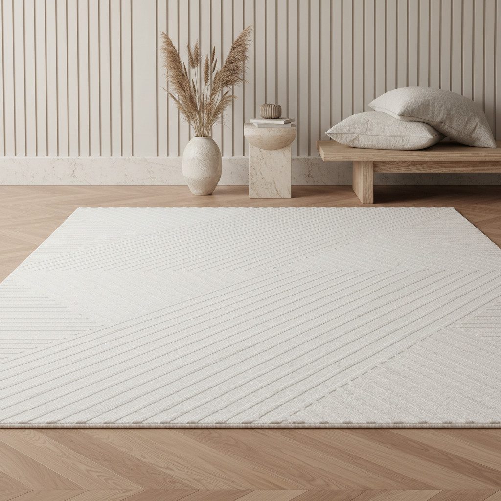 KADIMA DESIGN Teppich Kurzflorteppich ILLER 3D Struktur Beige Creme Silber Strapazierfähig, Läufer, Höhe: 14 mm, Creme, 80x150 cm, Strapazierfähig Fußbodenheizu – Bild 4 von 5