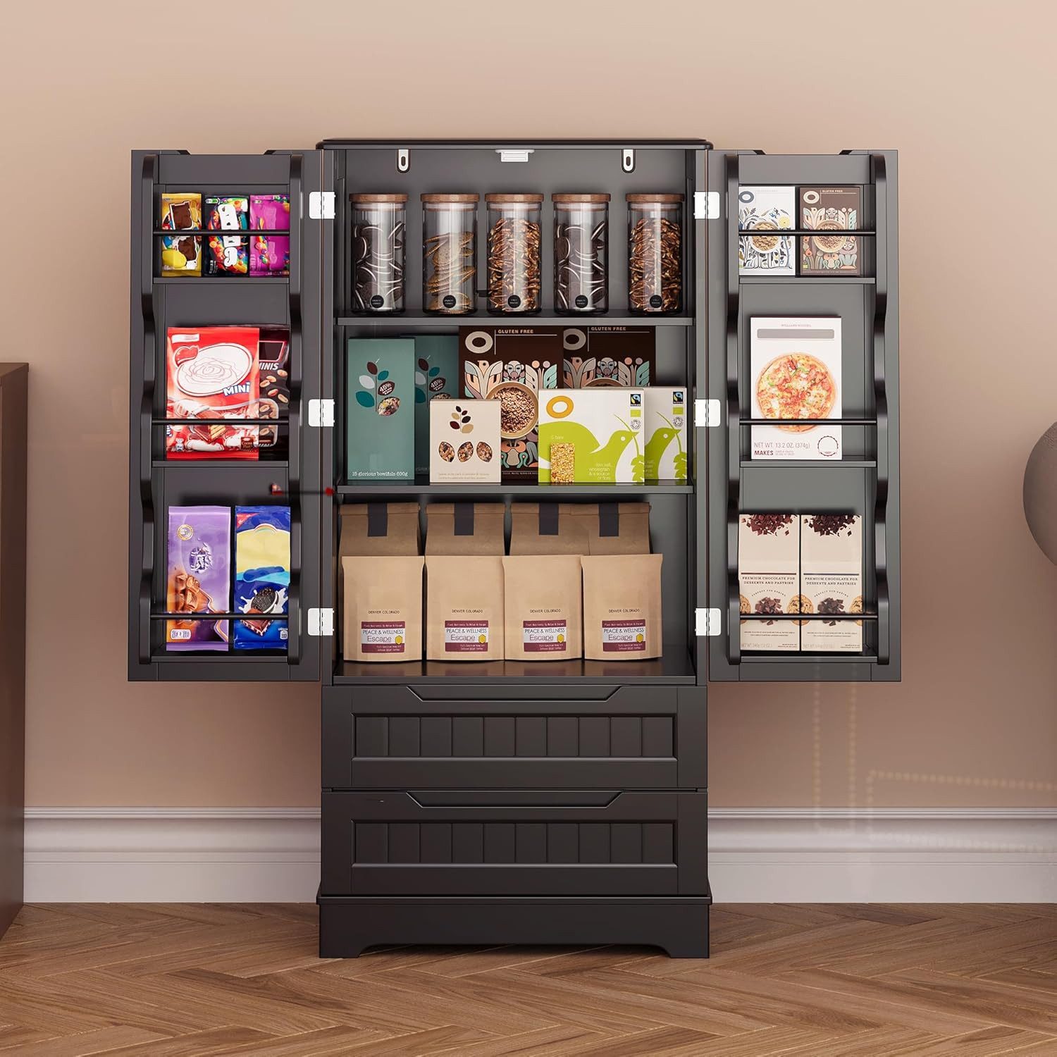 Blishom Sideboard Vorratsschrank Küchenschrank mit 2 Schubladen 2 Türen 60x40x120 cm, Esszimmer Buffetschrank Küchen-Vorratsschrank mit Kühlschranktür – Bild 5 von 5