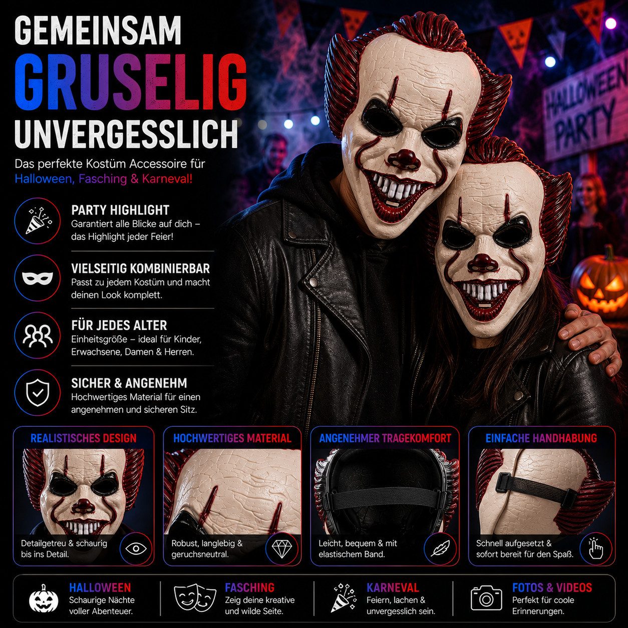 TK Gruppe Verkleidungsmaske Pennywise Horror Clown Maske – ES Kostüm Zubehör für Damen, Herren, (Packung, 1-tlg)