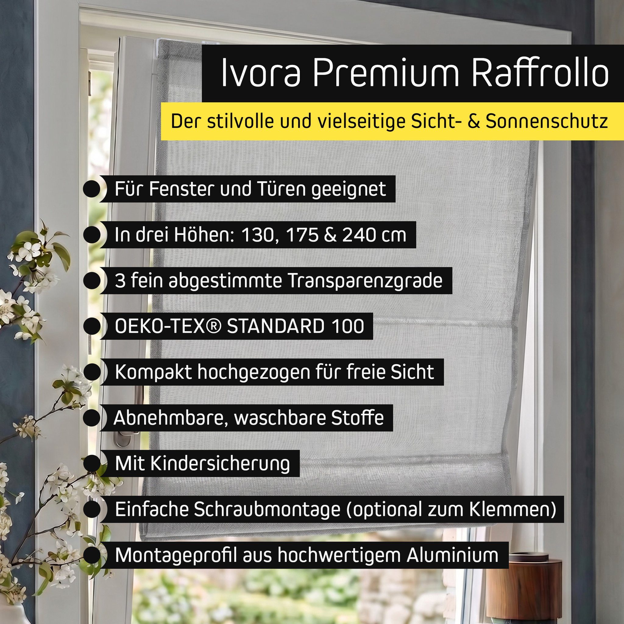 Victoria M. Raffrollo Ivora Premium Raffrollo 40x130cm Grau Blickdicht, mit Faltenband, mit Bohren, freihängend, Abnehmbarer Stoff mit OEKO-TEX® Zertifizierung