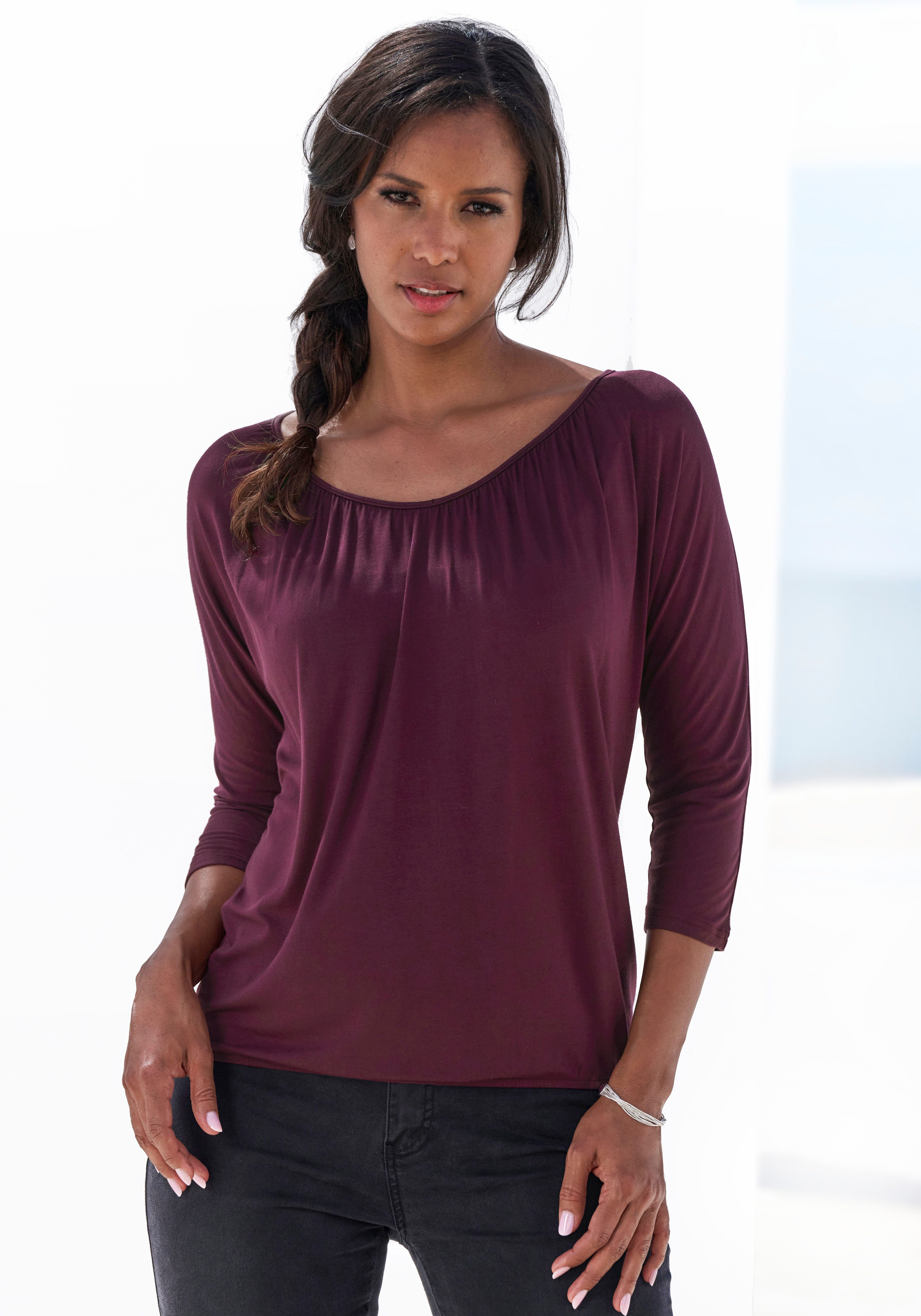 LASCANA 3/4-Arm-Shirt mit zarter Raffung am Ausschnitt aus weichem Viskose-Stretch