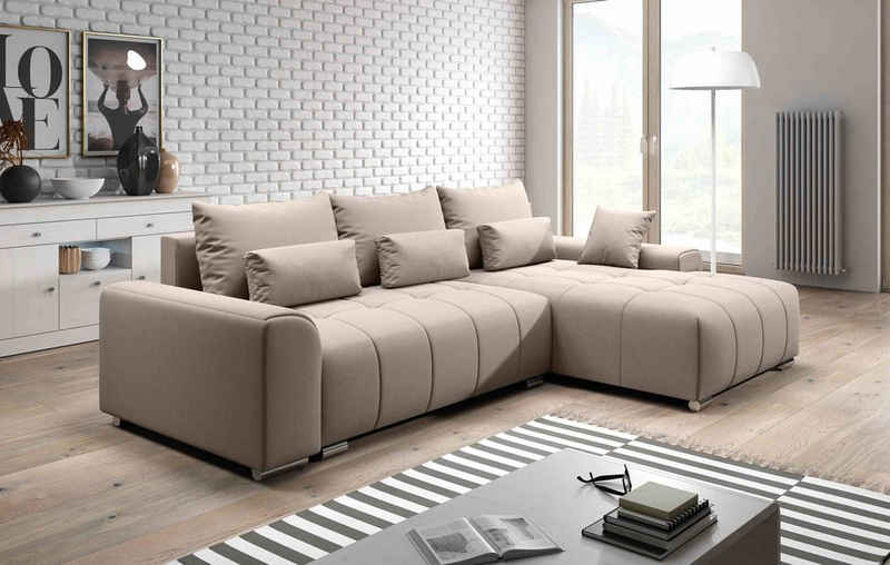 Furnix Ecksofa LORETA Sofa Schlafsofa Eck-Couch mit Schlaffunktion, Bettkasten, Liegefläche 145x205 cm, Made in EU